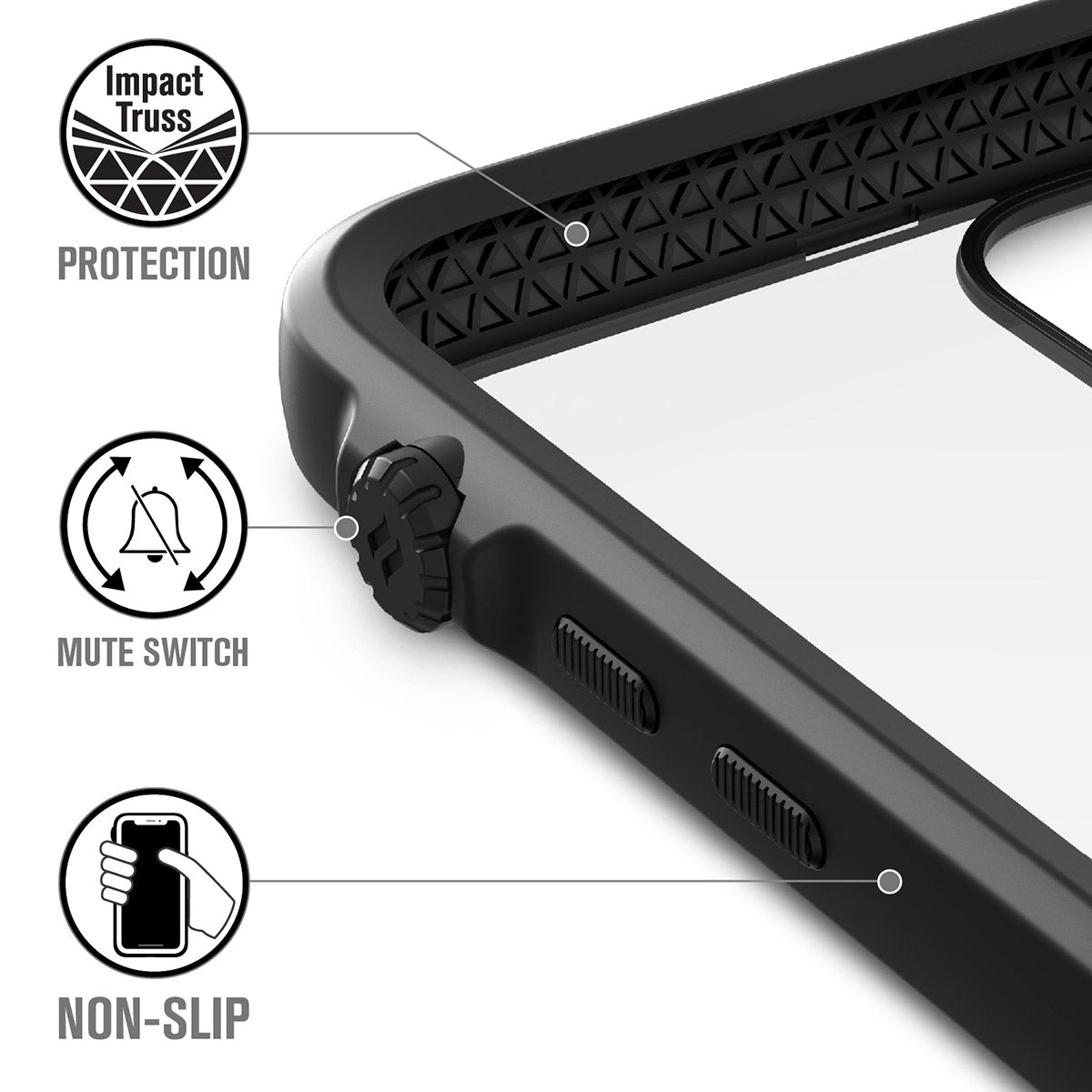 catalyst iPhone 11 series impact protection case black showing the impact truss mute switch and buttons of the case for iPhone 11 pro text reads impact truss protection mute switch non-slip
