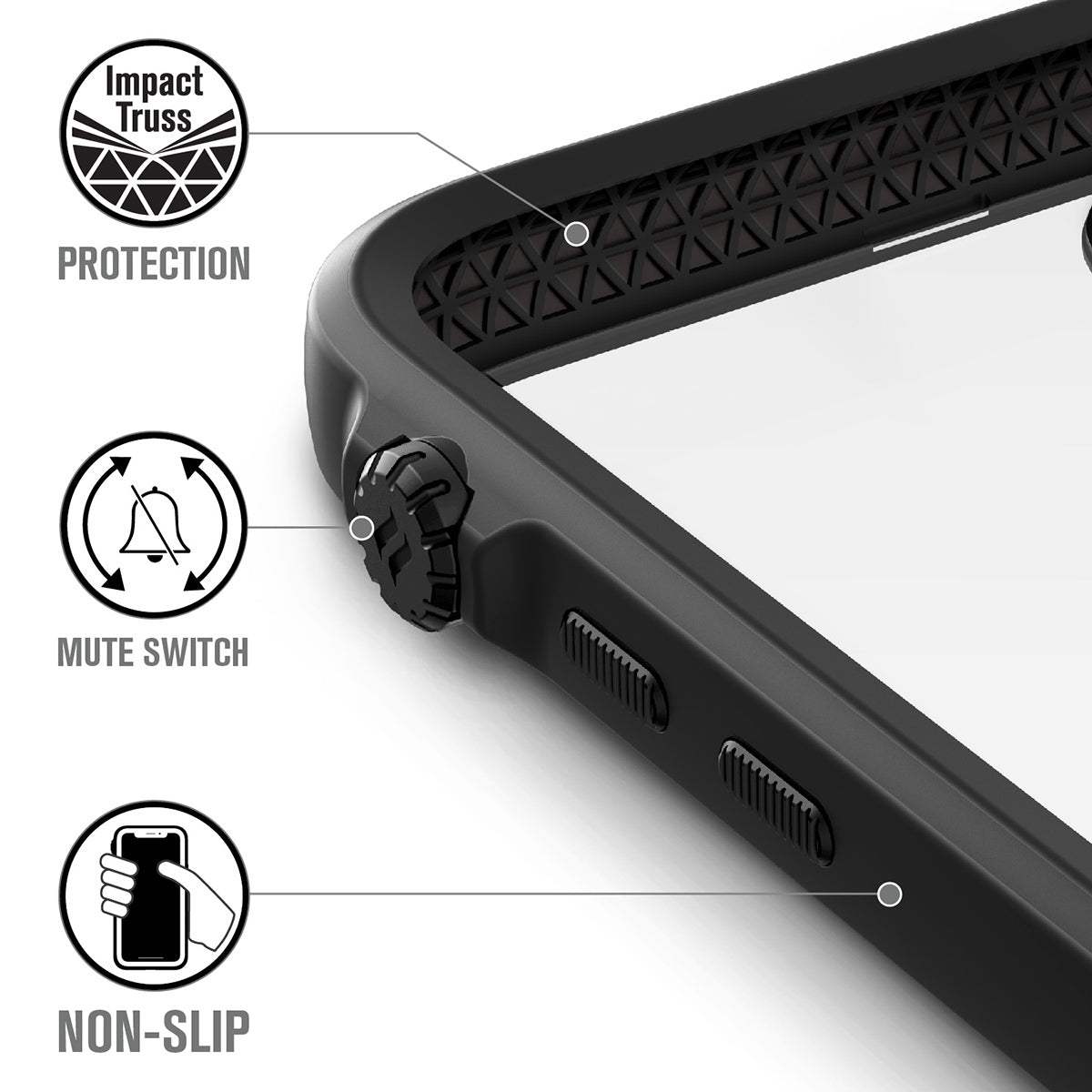 catalyst iPhone 11 series impact protection case black showing the impact truss mute switch and buttons text reads impact truss protection mute switch non-slip