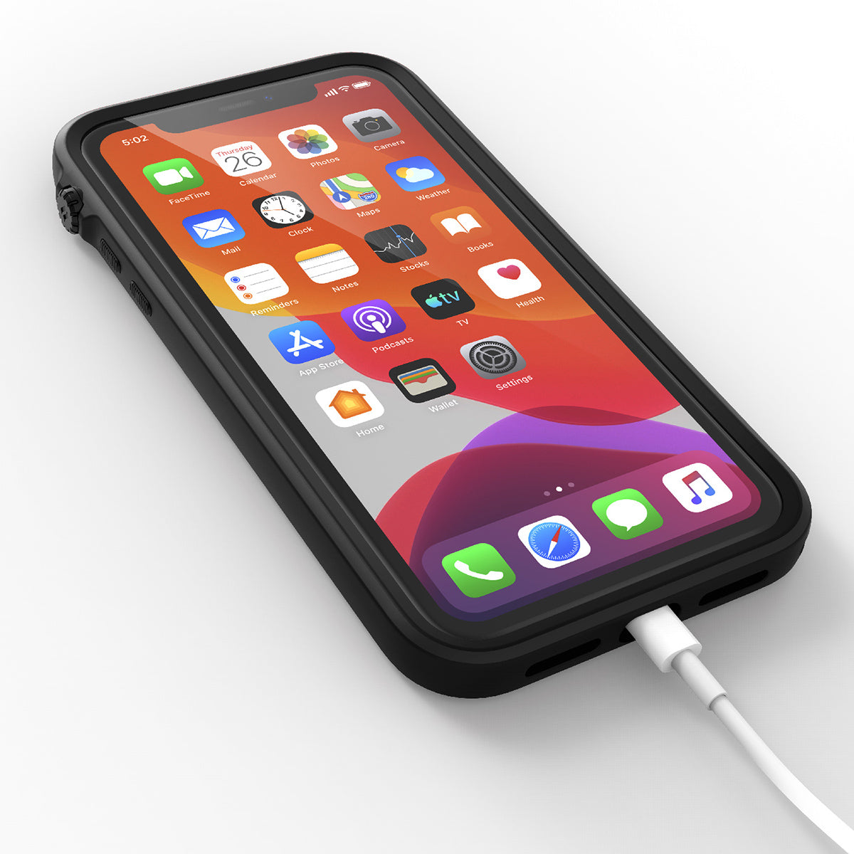 catalyst iPhone 11 series impact protection case black with an iPhone 11 plugged on the charging cable
