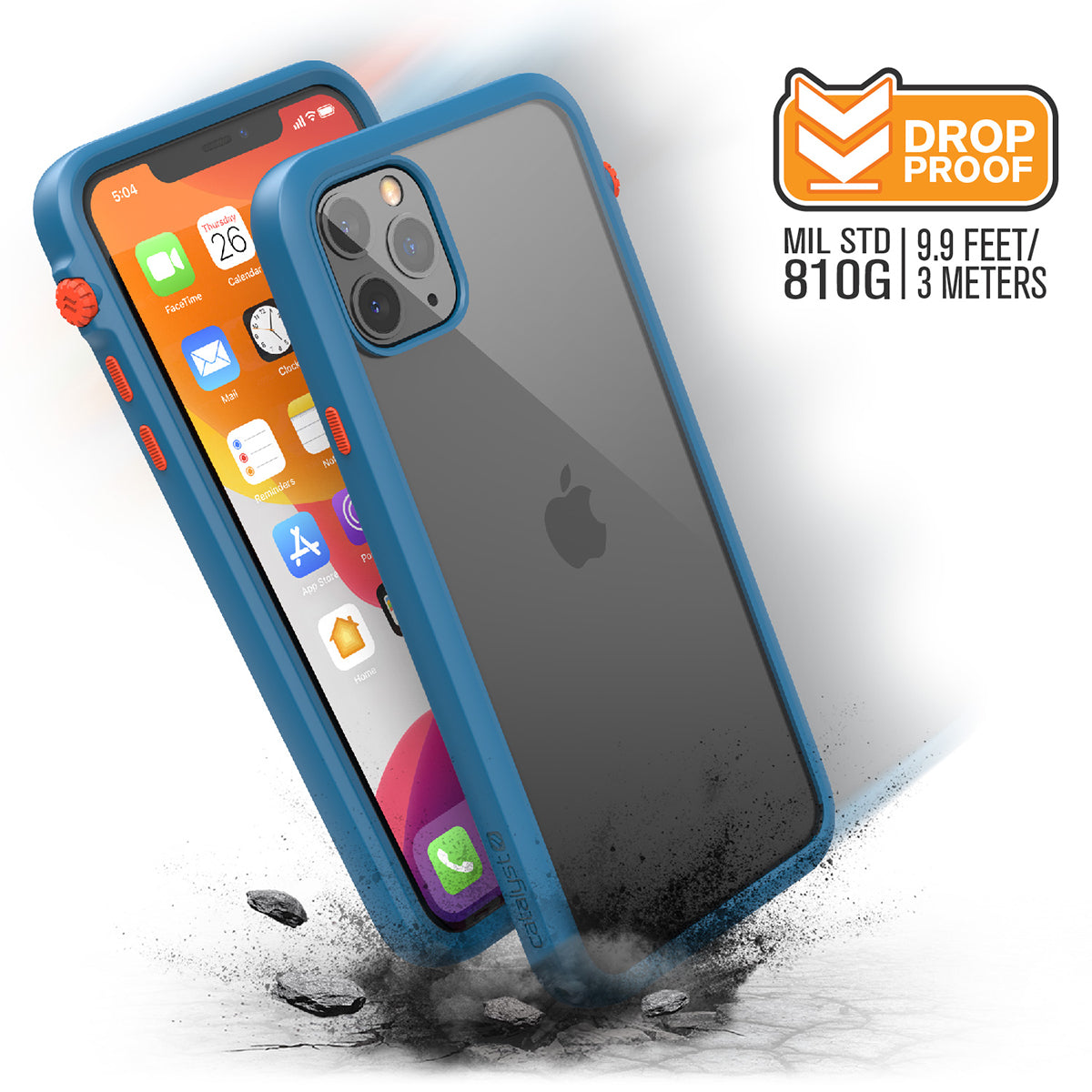 catalyst iPhone 11 series impact protection case bluerdige sunset showing side views and buttons of the case with cracked floor for iPhone 11 pro max text reads drop proof mil std 810g 9.9 feet 3 meters 