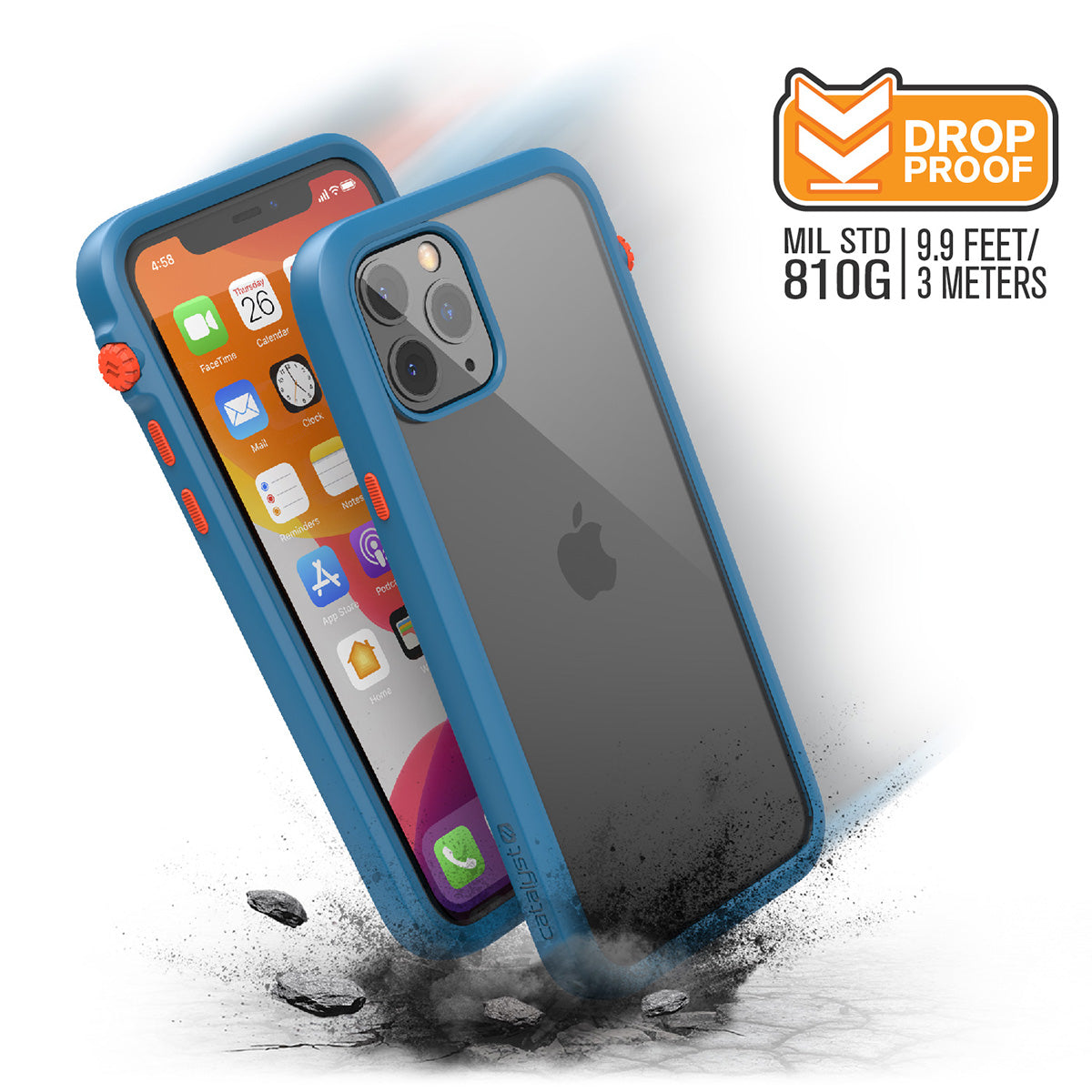 catalyst iPhone 11 series impact protection case blueridge sunset showing side views and buttons of the case with cracked floor for iPhone 11 pro text reads drop proof mil std 9.9 feet 810g 3 meters 