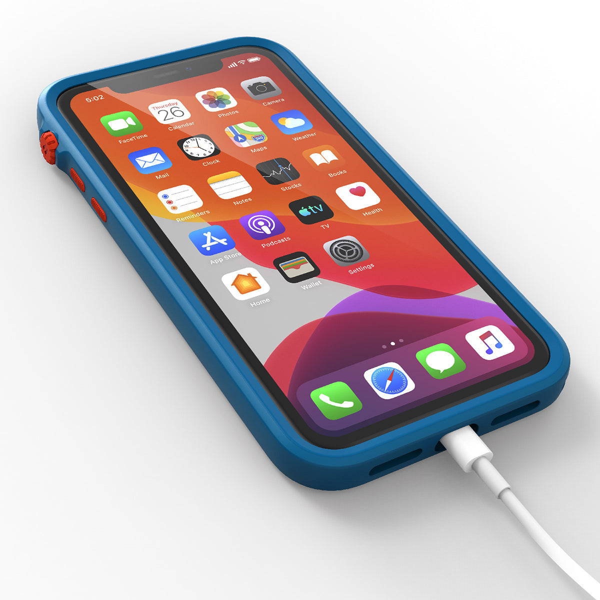 catalyst iPhone 11 series impact protection case blueridge sunset with an iPhone 11 plugged into the charging cable