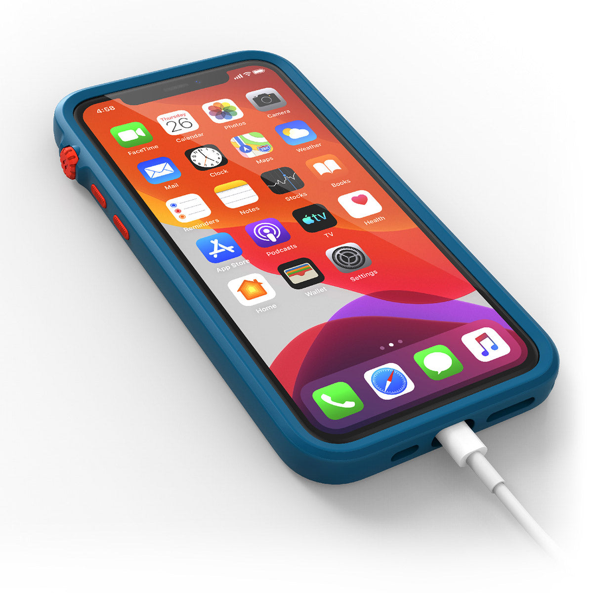 catalyst iPhone 11 series impact protection case blueridge sunset with an iPhone 11 pro plugged into the charging cable