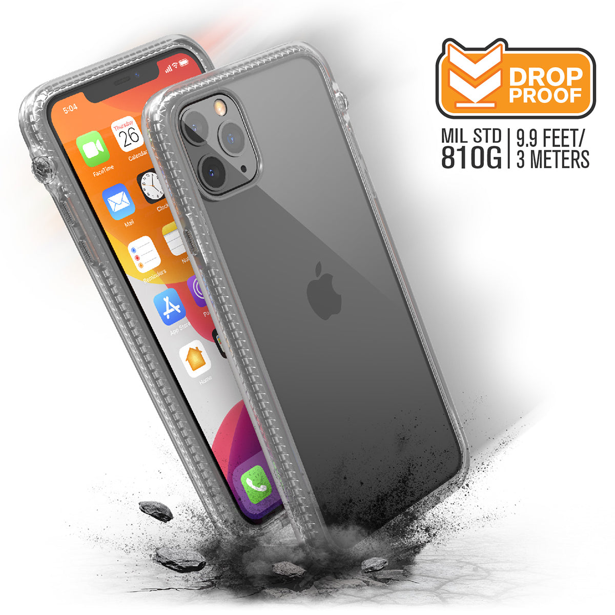 catalyst iPhone 11 series impact protection case clear showing side views and buttons of the case with cracked floor for iPhone 11 pro max text reads drop proof mil std 810g 9.9 feet 3 meters 
