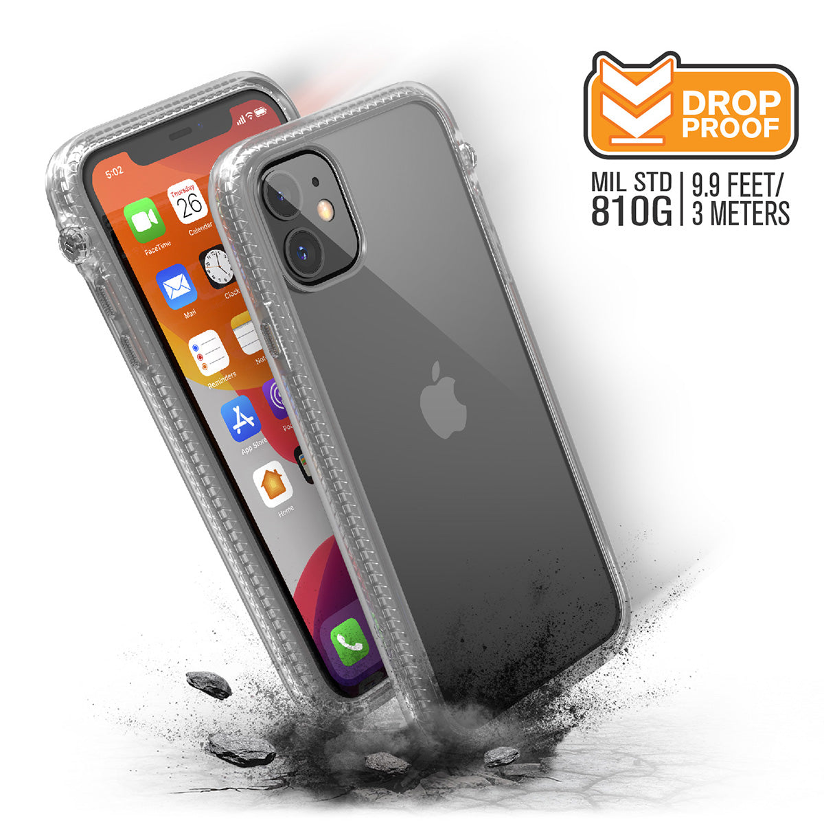 catalyst iPhone 11 series impact protection case clear showing side views and buttons of the case with cracked floor for iPhone 11 text reads drop proof mil std 9.9 feet 810g 3 meters