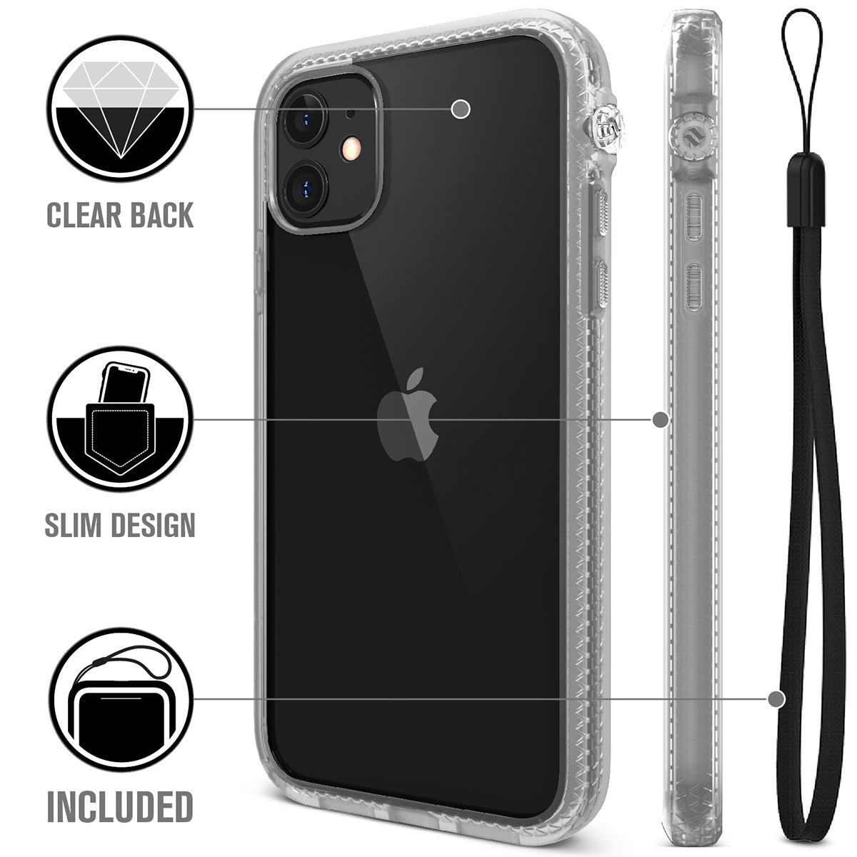 catalyst iPhone 11 series impact protection case clear showing the back view and buttons of the case for iPhone 11 and a lanyard text reads clear back slim design included