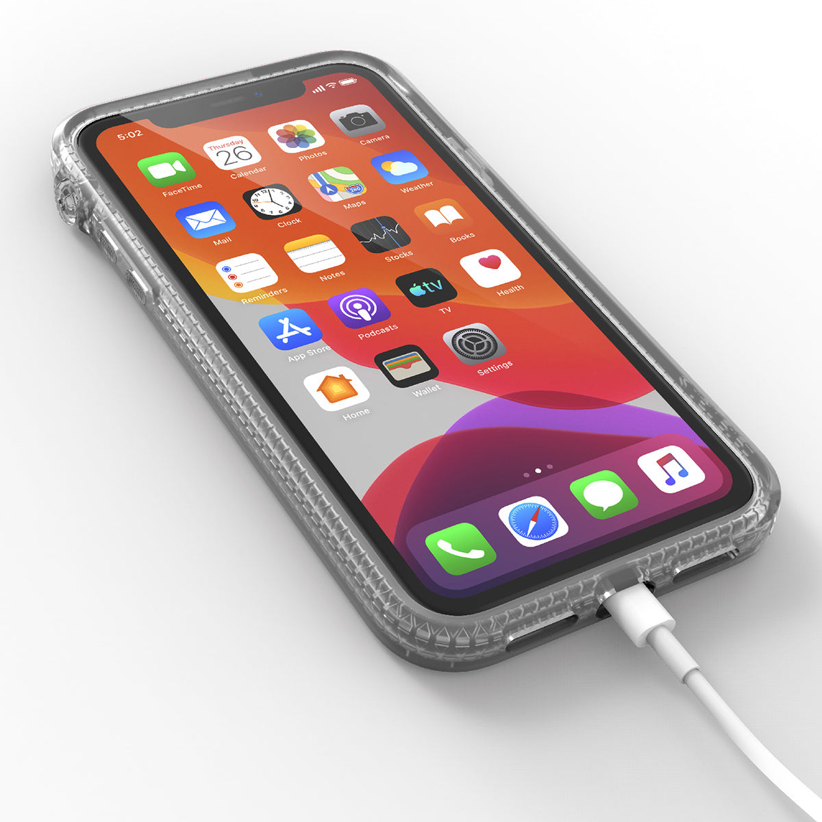 catalyst iPhone 11 series impact protection case clear with an iPhone 11 plugged into the charging cable