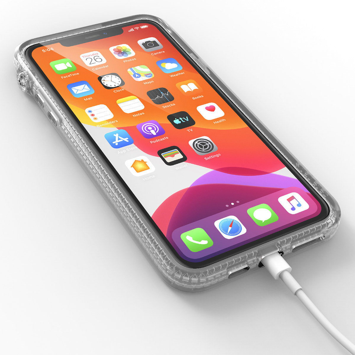 catalyst iPhone 11 series impact protection case clear with an iPhone 11 pro max plugged into the charging cable