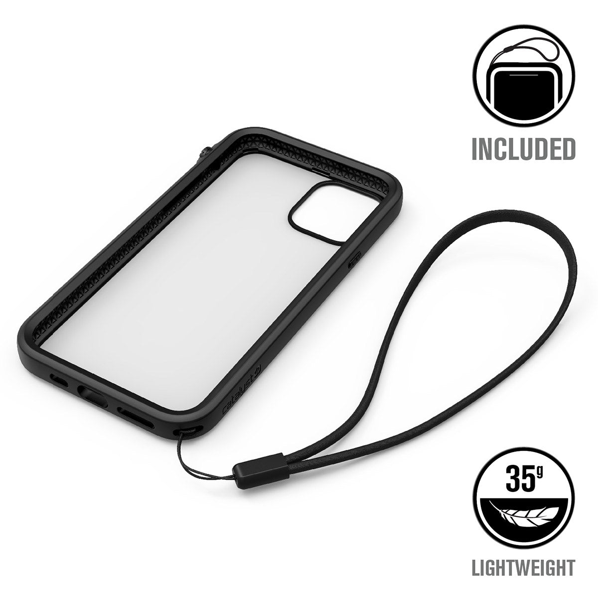 catalyst iPhone 11 series impact protection case empty black case for iPhone 11 pro with a lanyard text reads included 35g lightweight