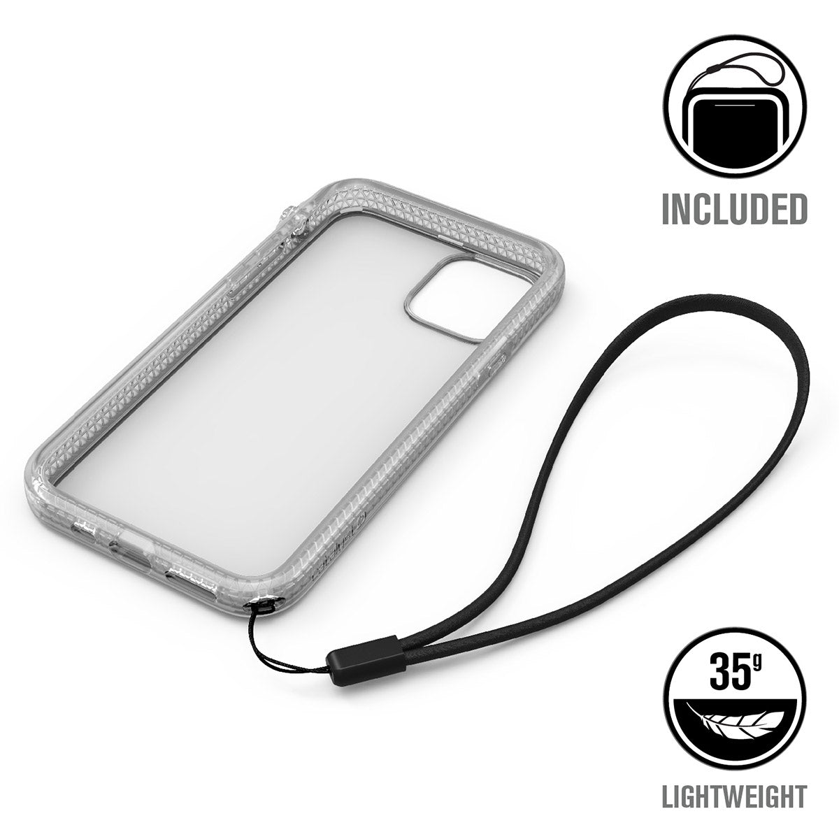 catalyst iPhone 11 series impact protection case empty clear case for iPhone 11 pro with a lanyard text reads included 35g lightweight