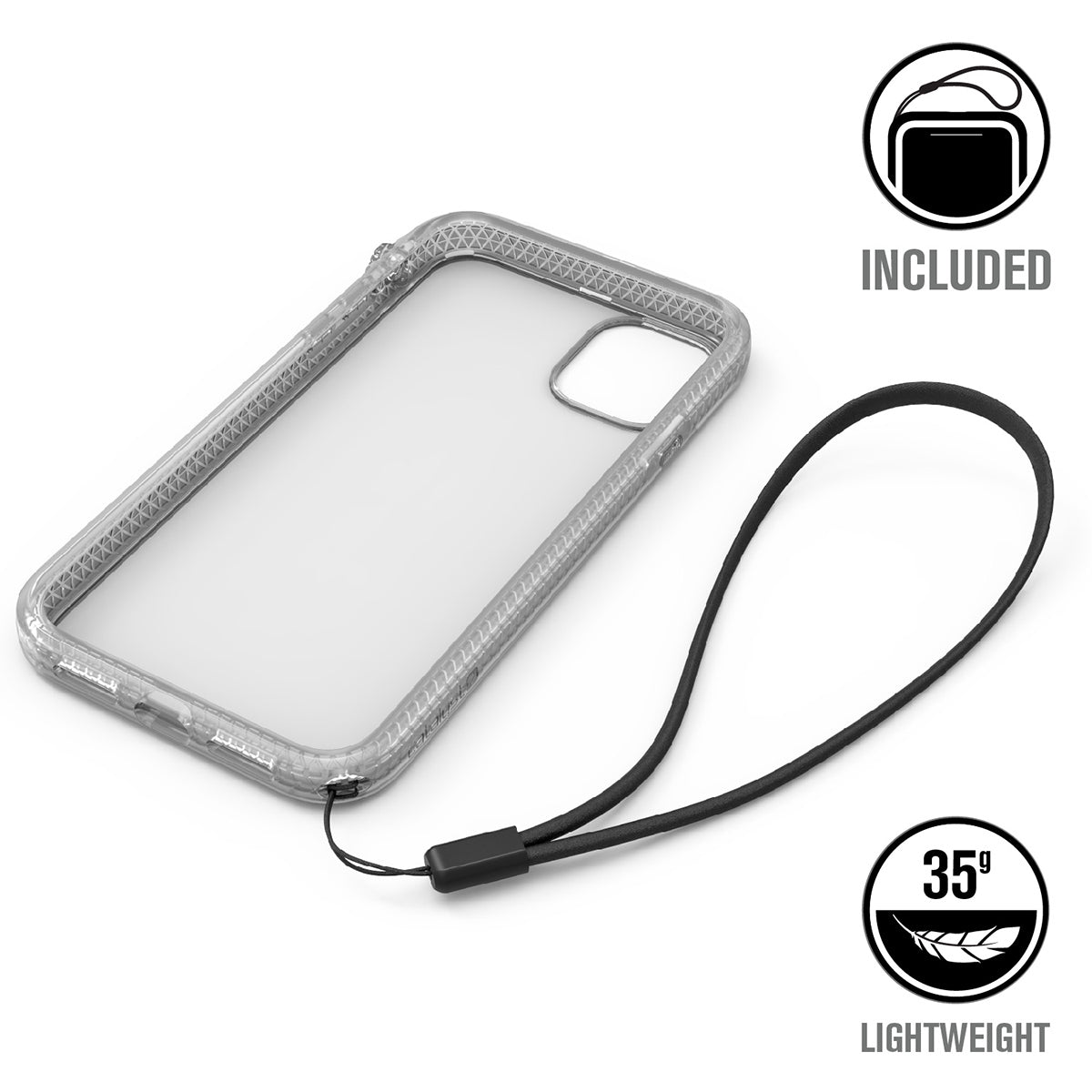 catalyst iPhone 11 series impact protection case empty clear case for iPhone 11 with a lanyard text reads included 35g lightweight
