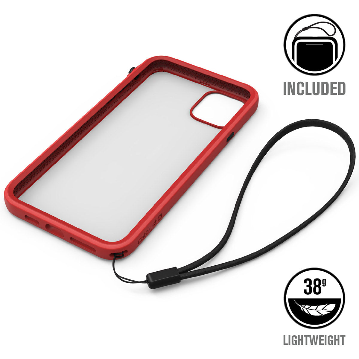 catalyst iPhone 11 series impact protection case empty flame red case for iPhone 11 pro max with a lanyard text reads included 35g lightweight