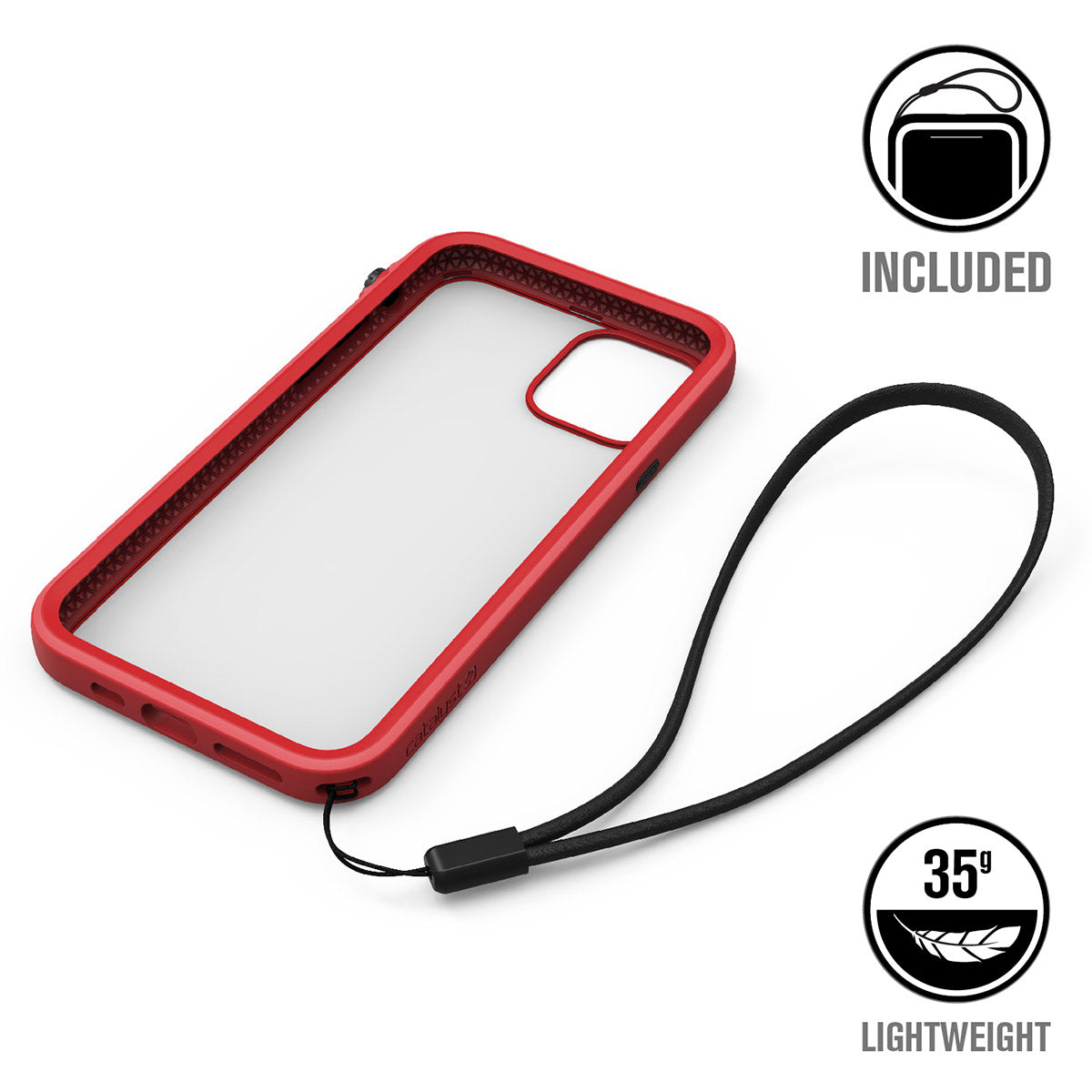 catalyst iPhone 11 series impact protection case empty flame red case for iPhone 11 pro with a lanyard text reads included 35g lightweight