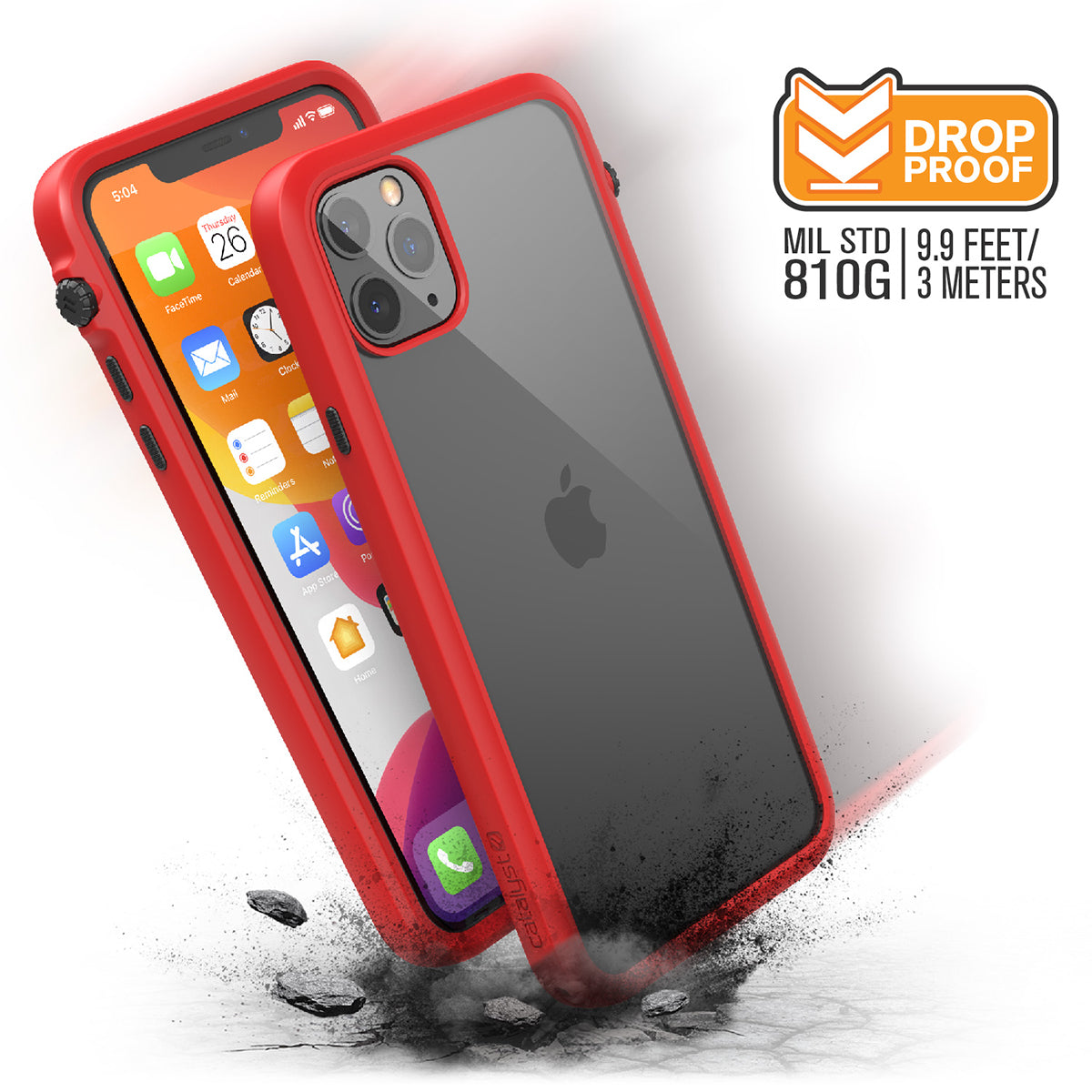 catalyst iPhone 11 series impact protection case flame red showing side views and buttons of the case with cracked floor for iPhone 11 pro max text reads drop proof mil std 810g 9.9 feet 3 meters 