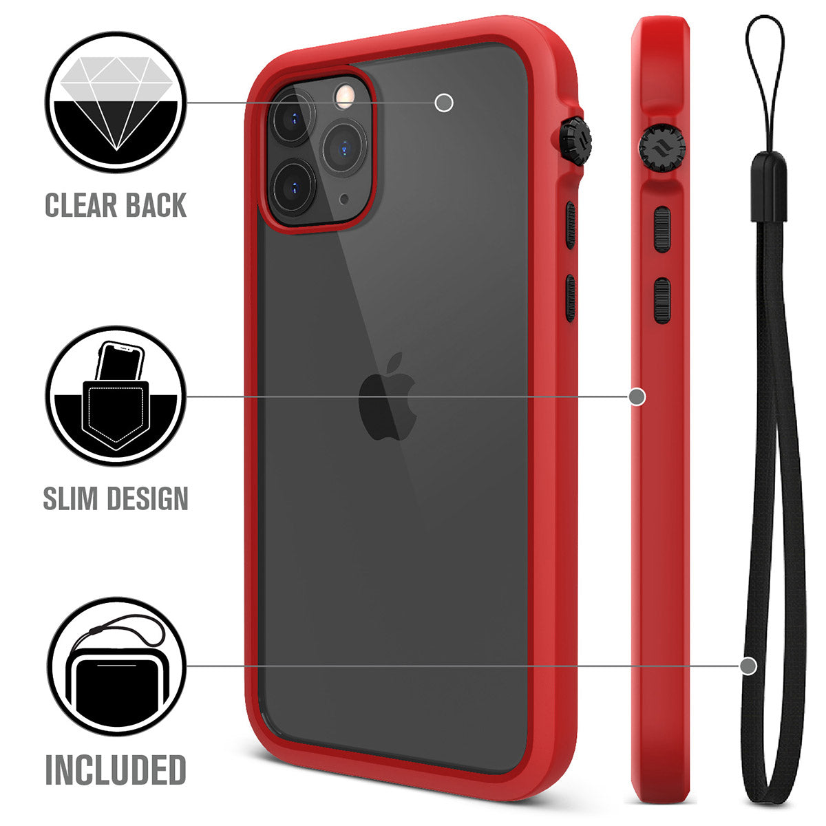 catalyst iPhone 11 series impact protection case flame red showing the back view and buttons of the case for iPhone 11 pro and a lanyard text reads clear back slim design included