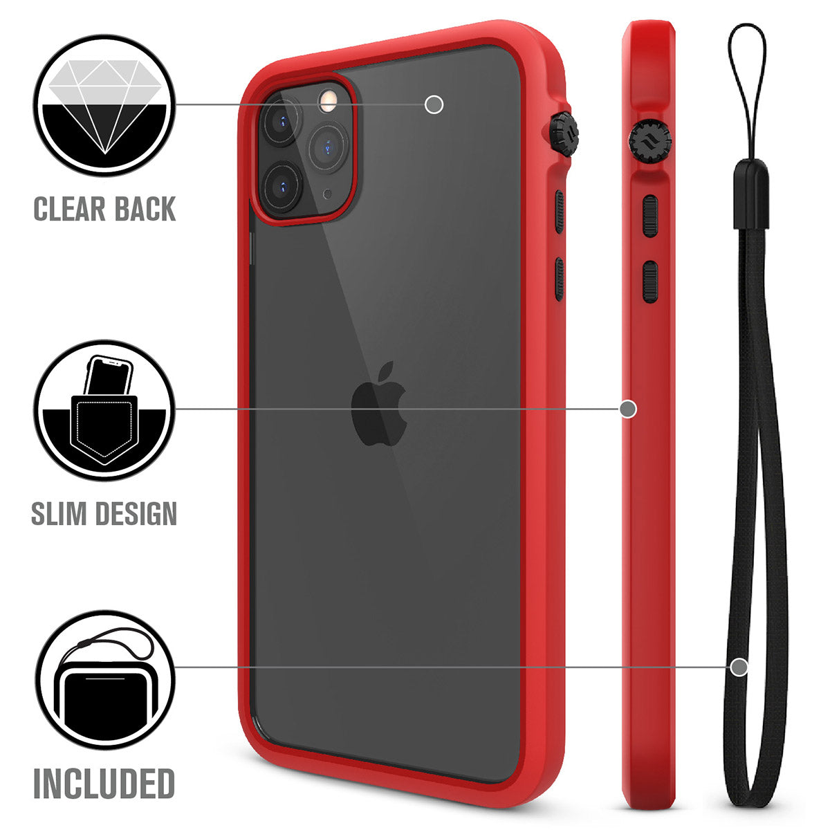 catalyst iPhone 11 series impact protection case flame red showing the back view and buttons of the case for iPhone 11 pro max and a lanyard text reads clear back slim design included