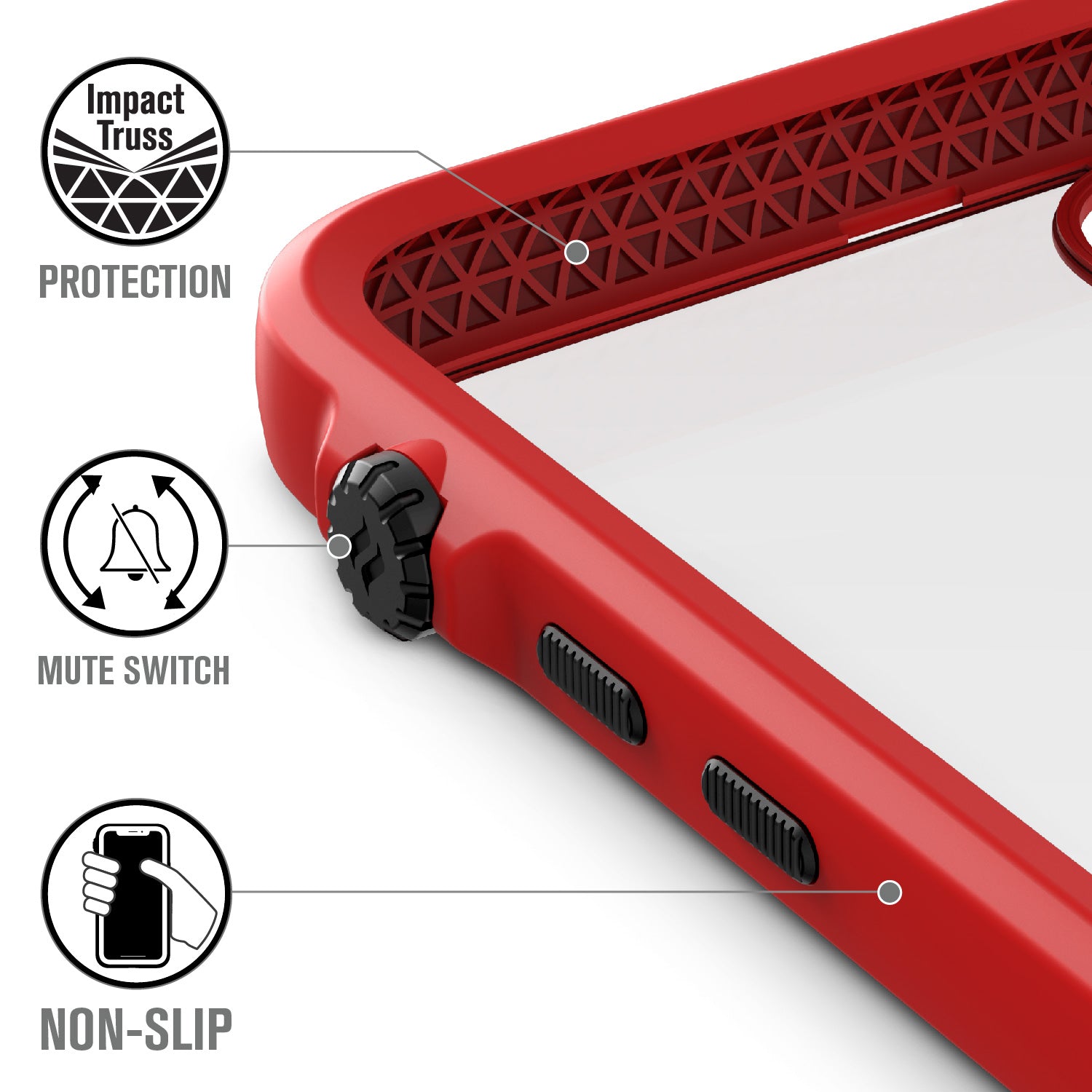 catalyst iPhone 11 series impact protection case flame red showing the impact truss mute switch and buttons of the case for iPhone 11 pro max text reads impact truss protection mute switch non slip