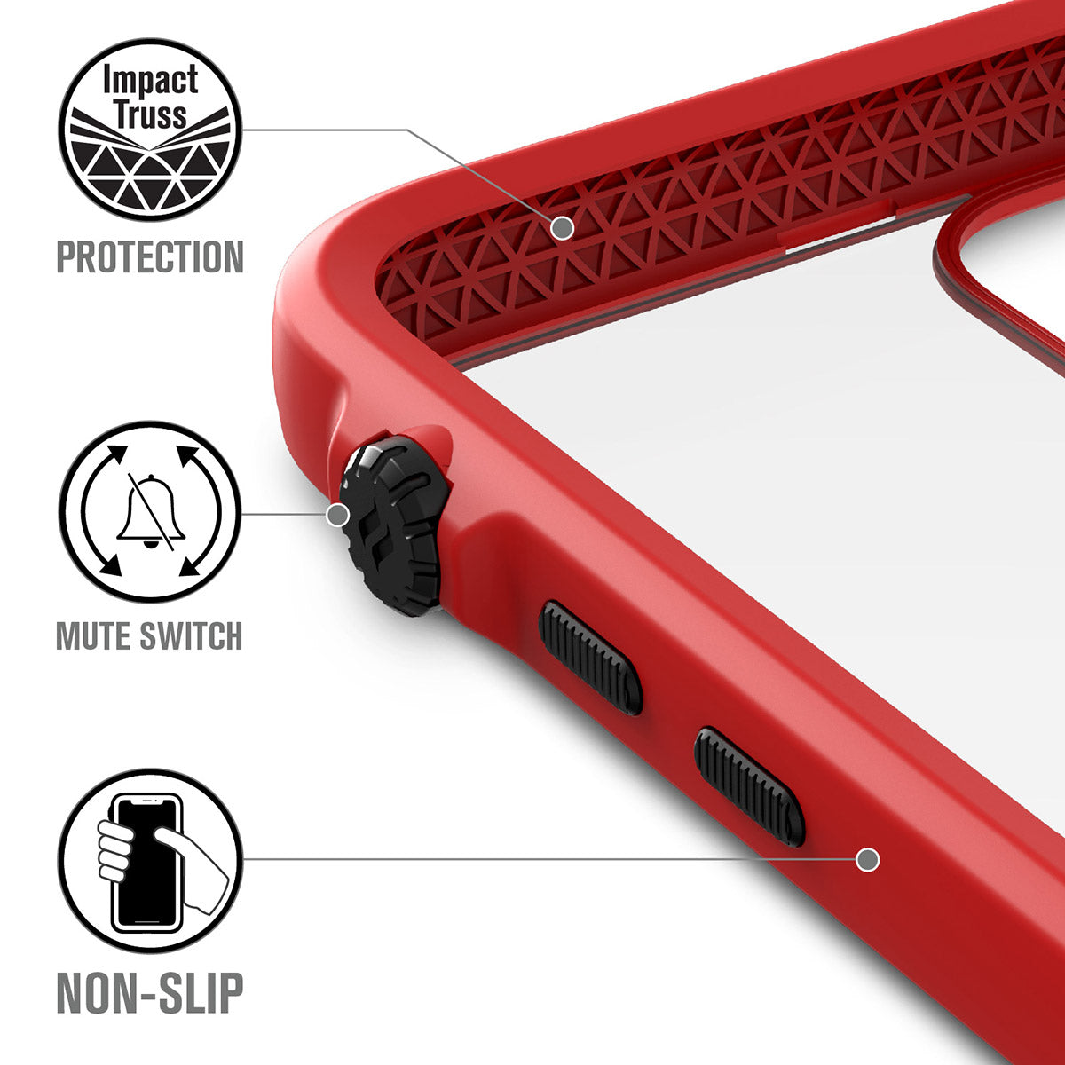 catalyst iPhone 11 series impact protection case flame red showing the impact truss mute switch and buttons of the case for iPhone 11 pro text reads impact truss protection mute switch non-slip