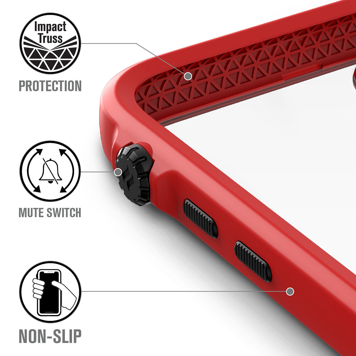 catalyst iPhone 11 series impact protection case flame red showing the impact truss mute switch and buttons of the case for iPhone 11 text reads impact truss protection mute switch non-slip