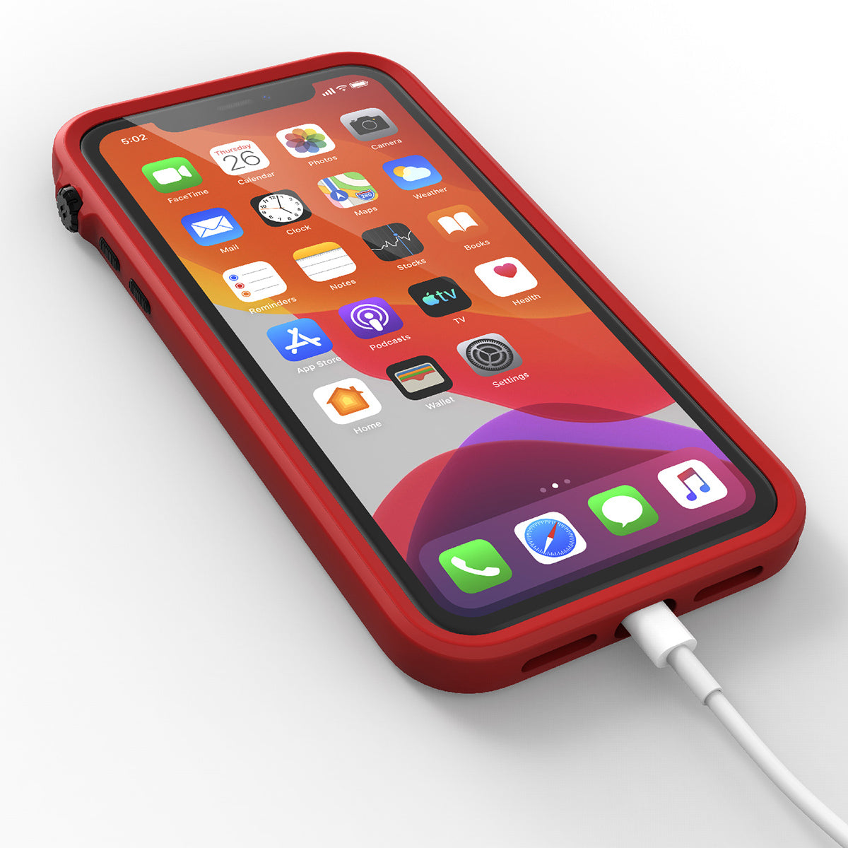 catalyst iPhone 11 series impact protection case flame red with an iPhone 11 plugged into the charging cable
