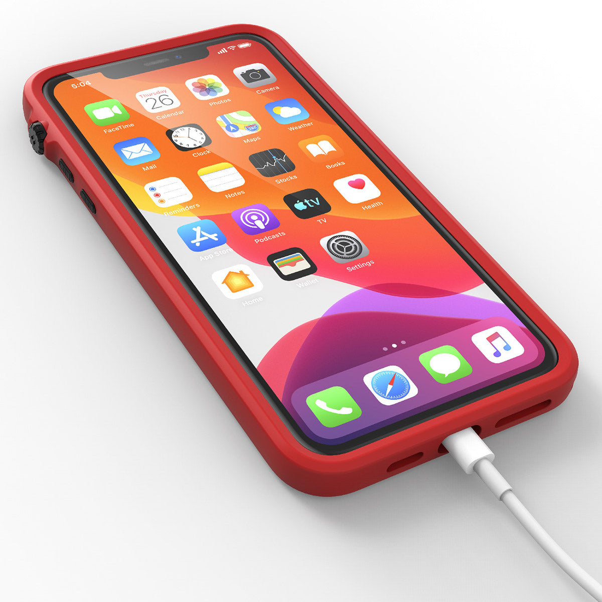 catalyst iPhone 11 series impact protection case flame red with an iPhone 11 pro max plugged into the charging cable