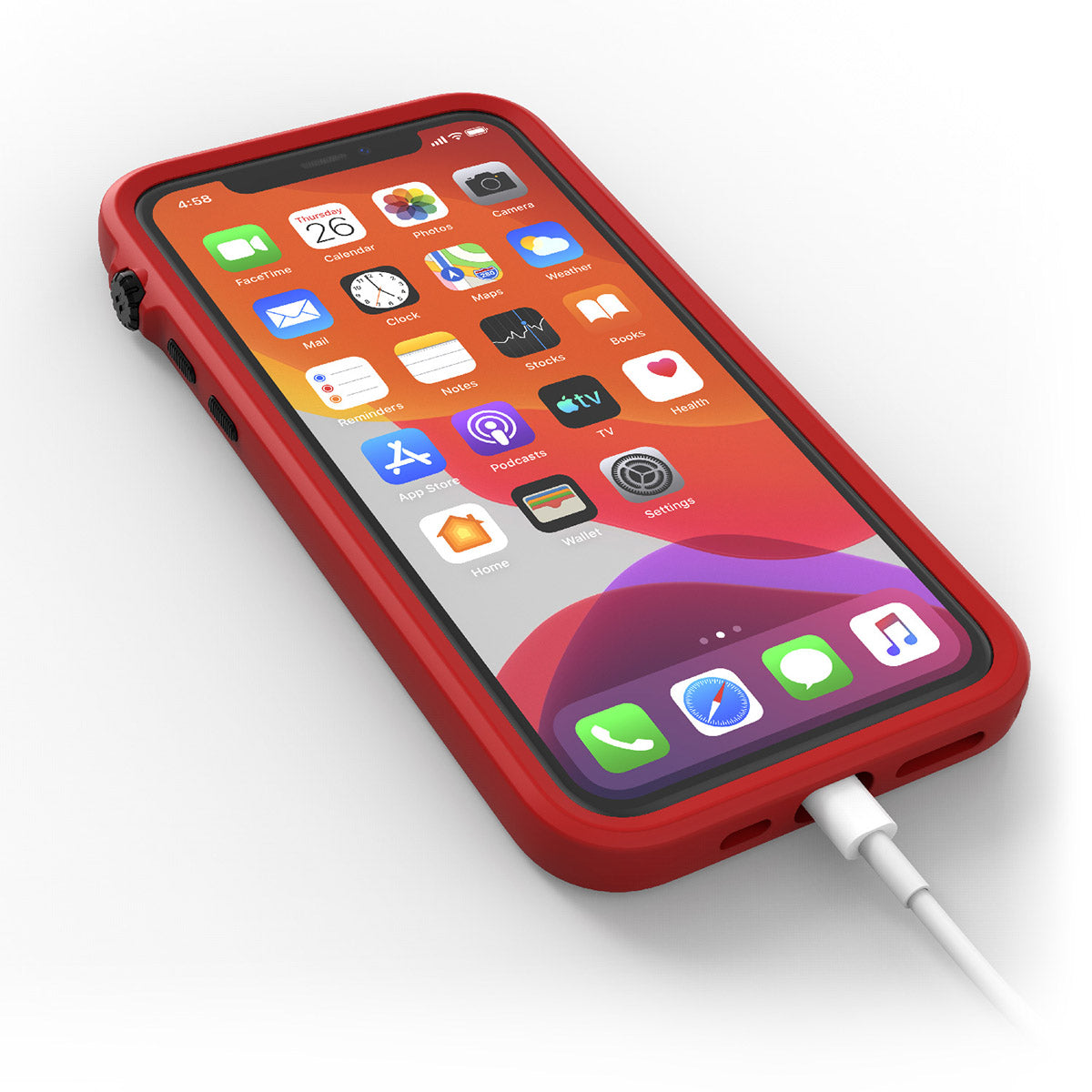 catalyst iPhone 11 series impact protection case flame red with an iPhone 11 pro plugged into the charging cable