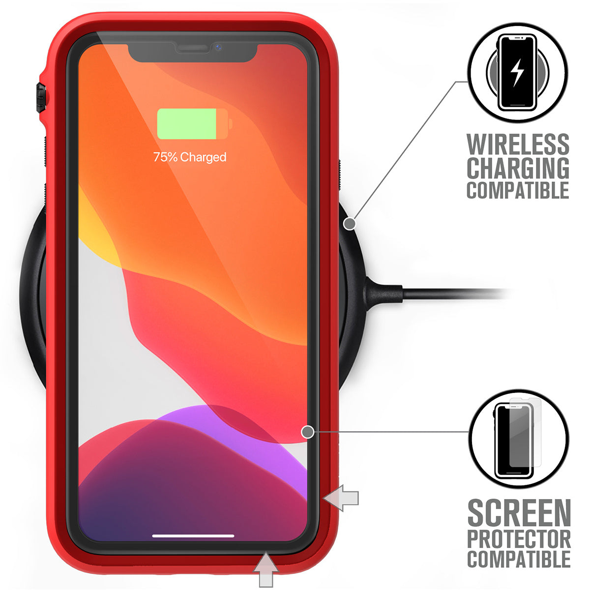 catalyst iPhone 11 series impact protection case for iphone 11 flame red placed on the wireless charger 75% charged text reads wireless charging compatible screen protector compatible