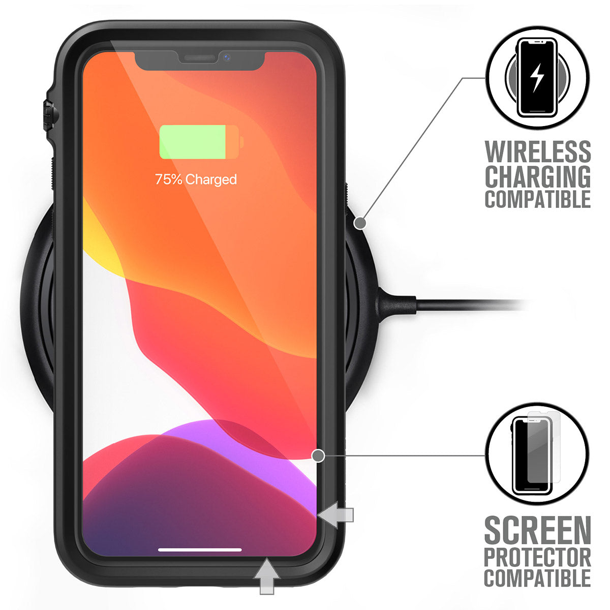 catalyst iPhone 11 series impact protection case for iphone 11 pro black placed on the wireless charger 75% charged text reads wireless charging compatible screen protector compatible