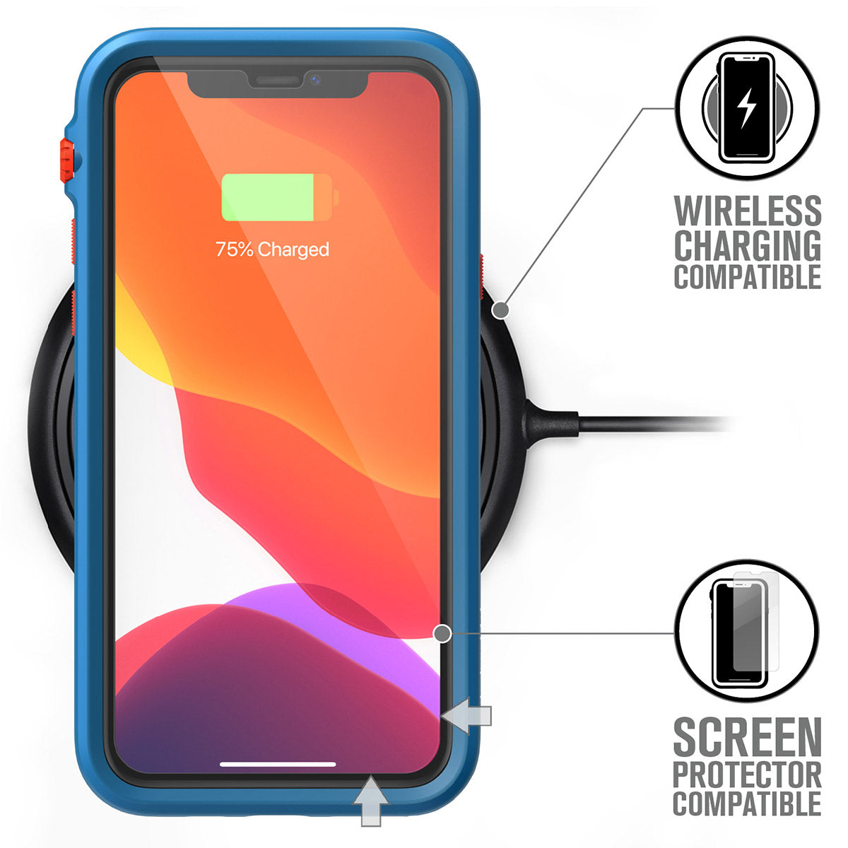 catalyst iPhone 11 series impact protection case for iphone 11 pro blueridge sunset placed on the wireless charger 75% charged text reads wireless charging compatible screen protector compatible