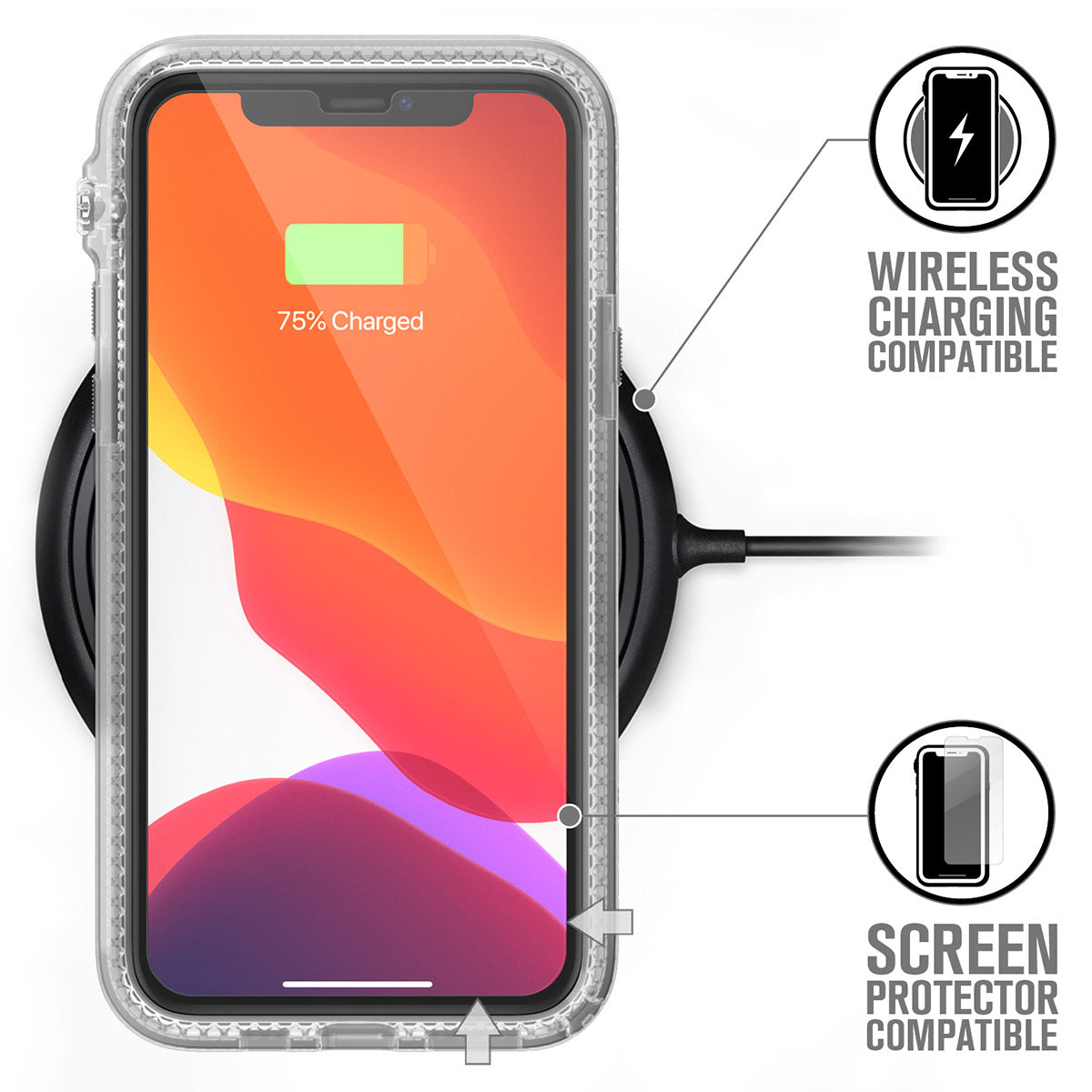 catalyst iPhone 11 series impact protection case for iphone 11 pro clear placed on the wireless charger 75% charged text reads wireless charging compatible screen protector compatible