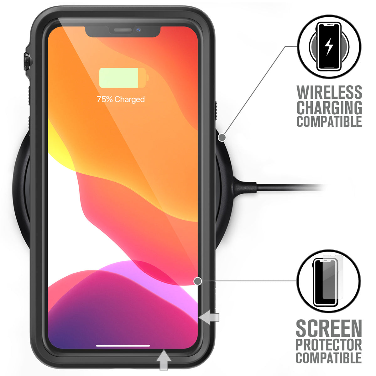 catalyst iPhone 11 series impact protection case for iphone 11 pro max stealth black placed on the wireless charger 75% charged text reads wireless charging compatible screen protector compatible