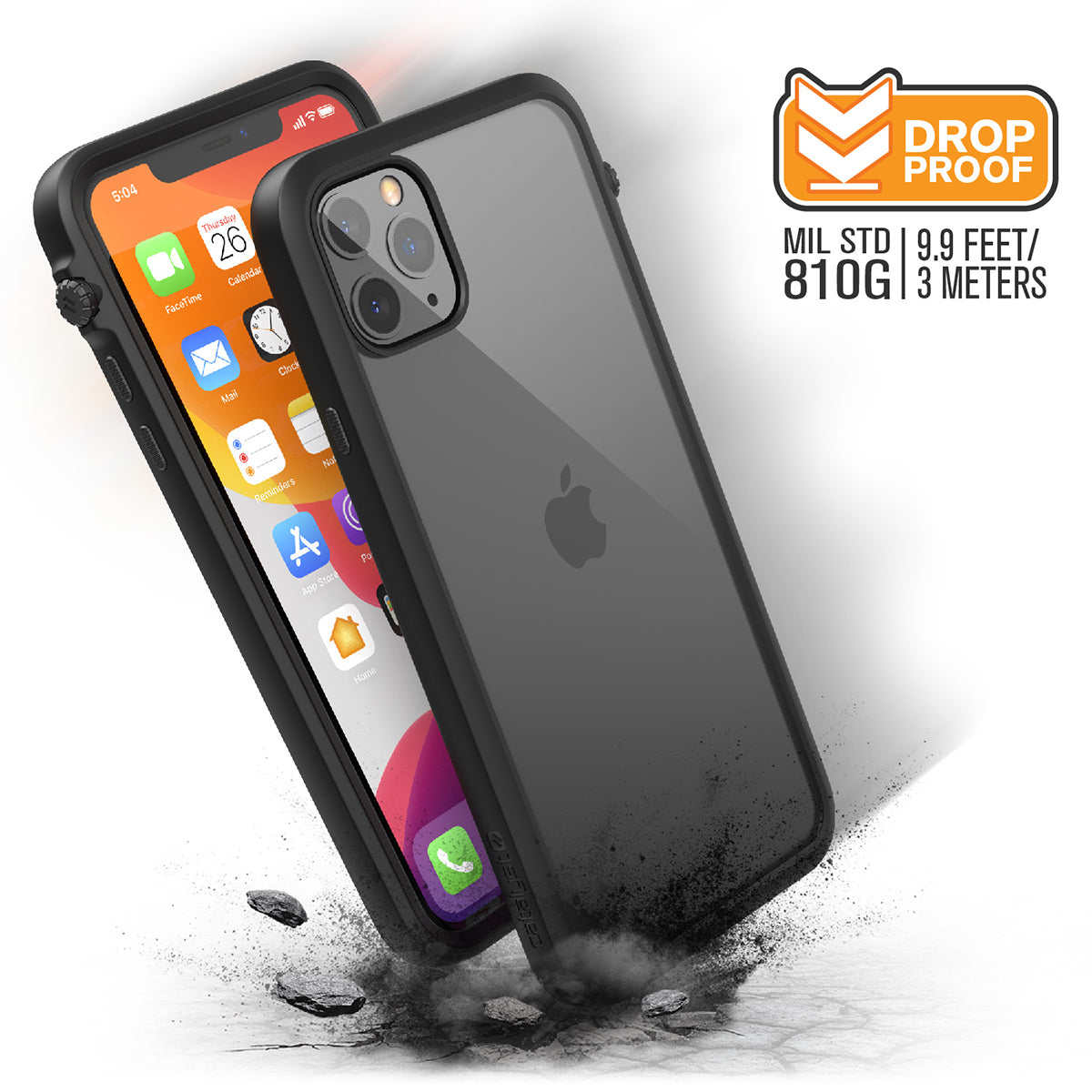 catalyst iPhone 11 series impact protection case stealth black showing side views and buttons of the case with cracked floor for iPhone 11 pro max text reads drop proof mil std 810g 9.9 feet 3 meters 