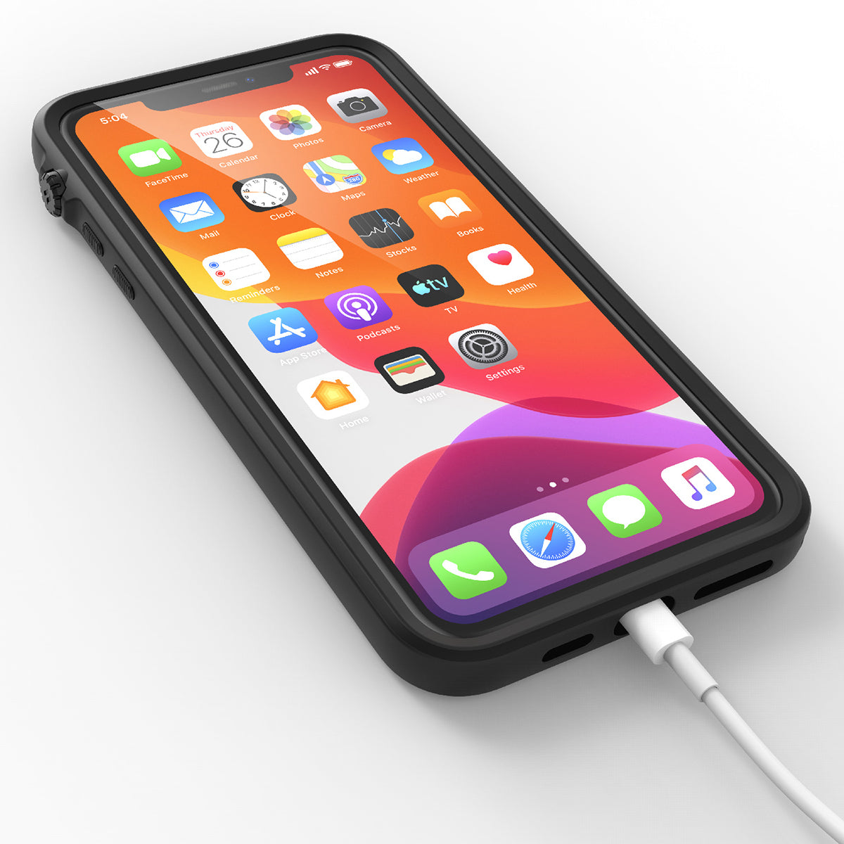 catalyst iPhone 11 series impact protection case stealth-black with an iPhone 11 pro max plugged into the charging cable
