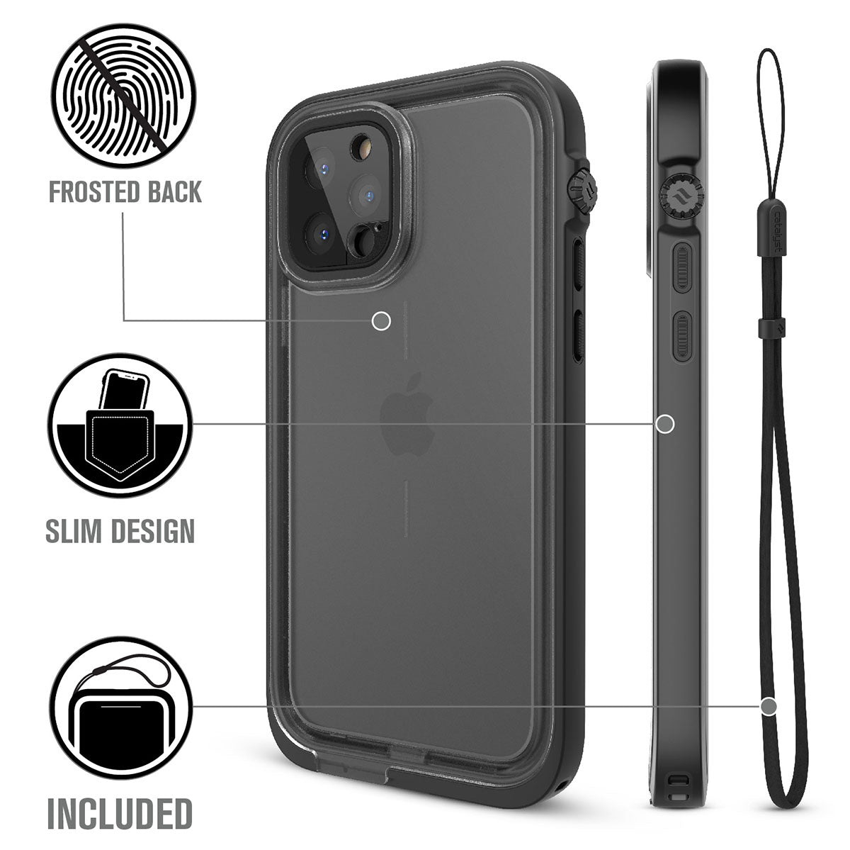 Catalyst iPhone 12 waterproof case total protection drop proof water proof back case with lanyard Text reads frosted back slim design slim design included