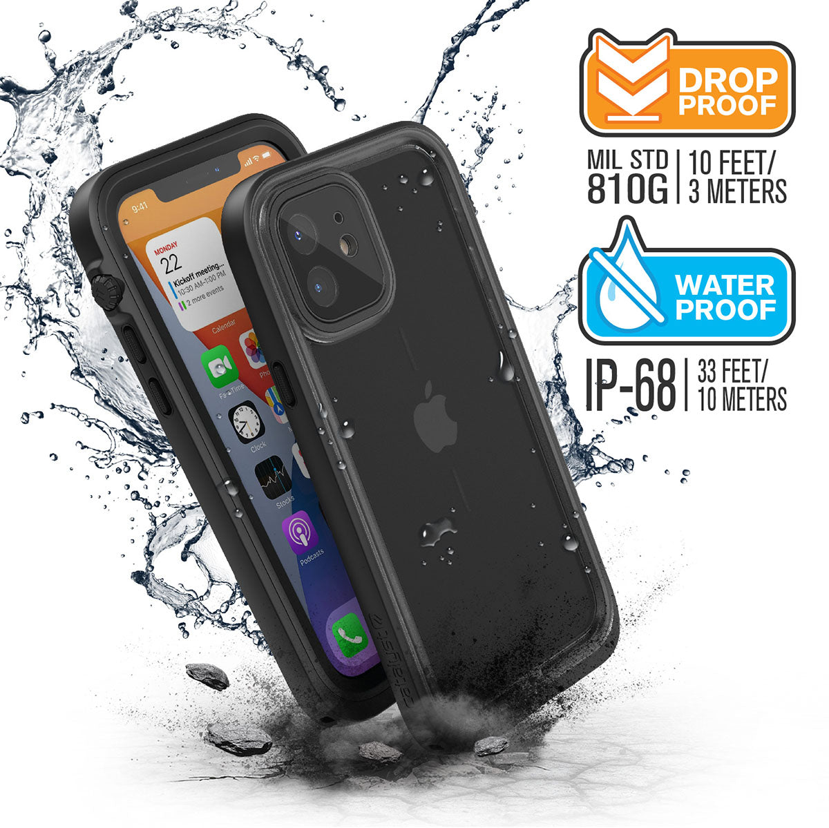 Catalyst iPhone 12 waterproof case total protection drop proof water proof Text reads MIL STD 810G 10 feet-3 meters Water proof IP-68 33/feet 10 meters