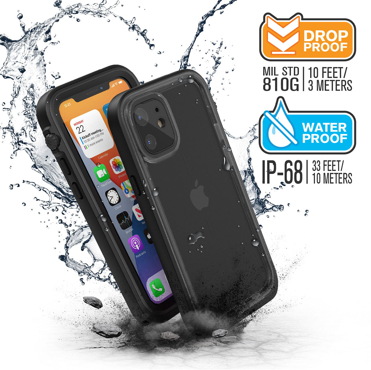 Catalyst iPhone 12 waterproof case total protection drop proof water proof Text reads MIL STD 810G 10 feet-3 meters Water proof IP-68 33/feet 10 meters