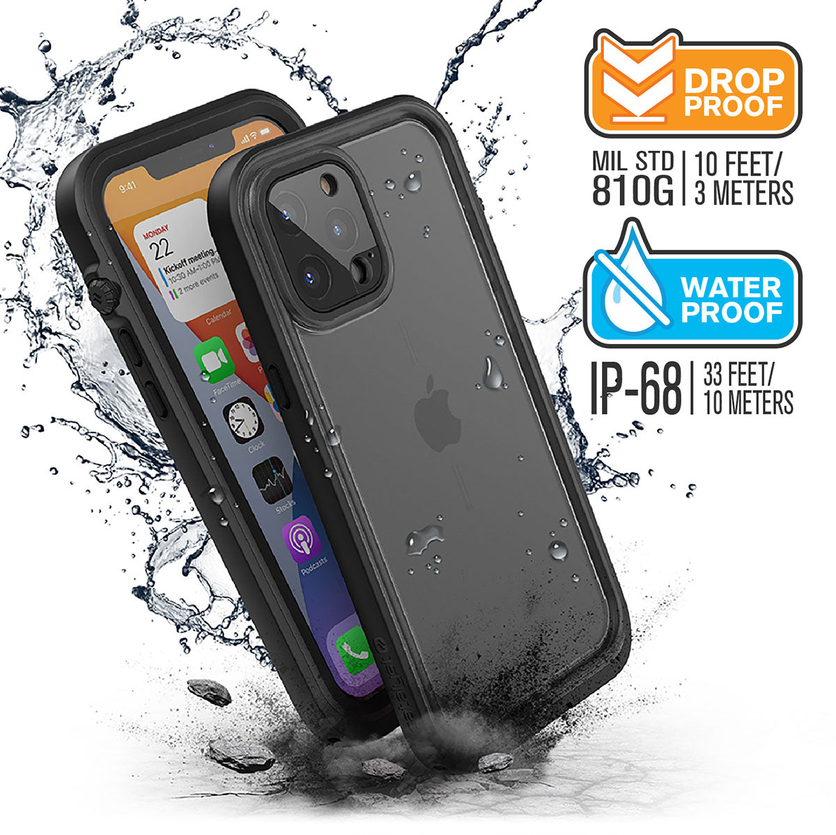 Catalyst iPhone 12 waterproof case total protection drop proof water proof Text reads MIL STD 810G 10 feet-3 meters Water proof IP-68 33/feet 10 meters