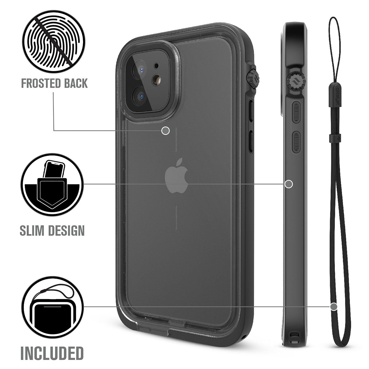 Catalyst iPhone 12 waterproof case total protection drop proof water proof front back case with lanyard Text readsfrosted back slim design