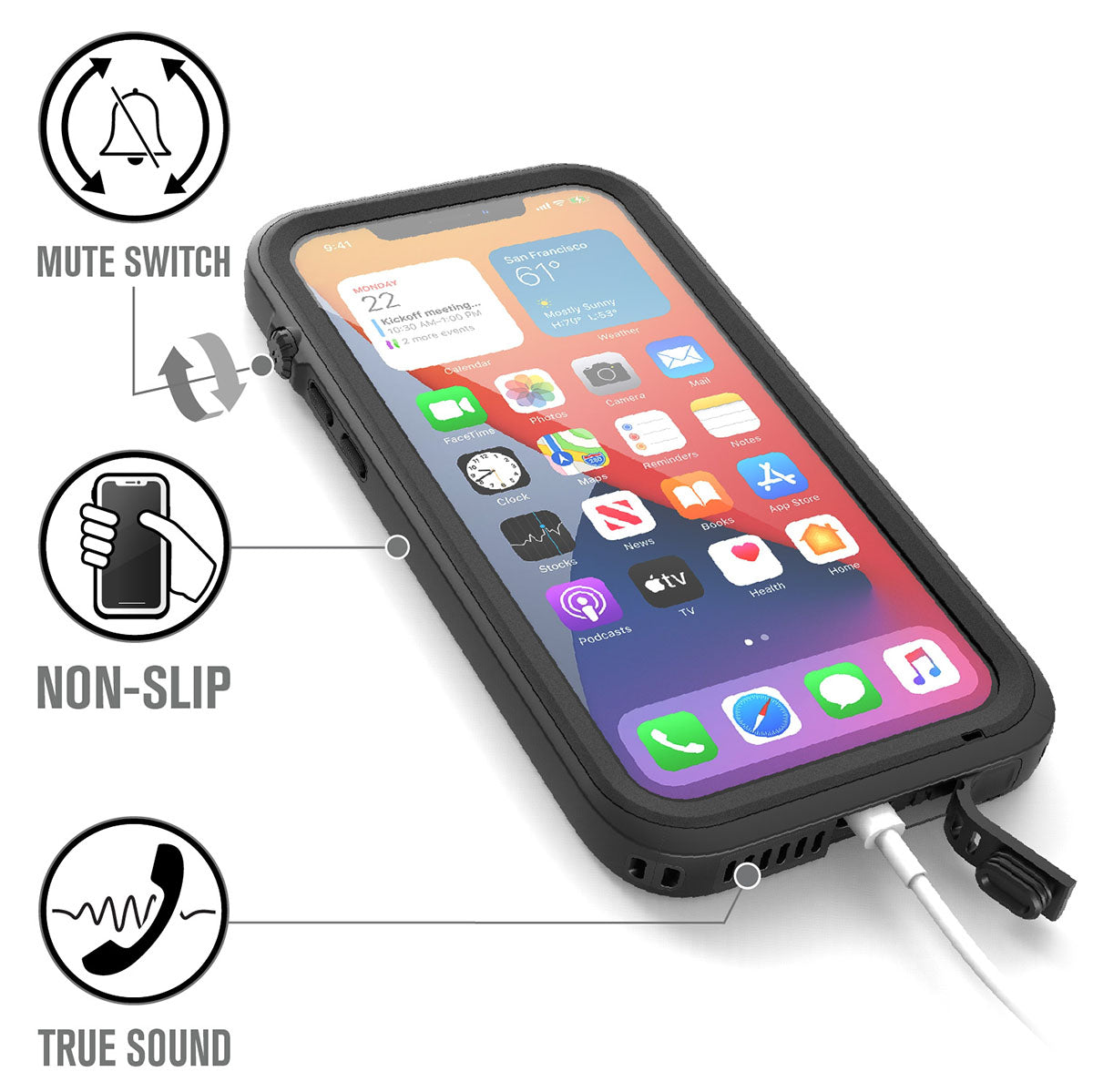 Catalyst iPhone 12 waterproof case total protection showing features of the case Text reads mute switch non-slip true sound.