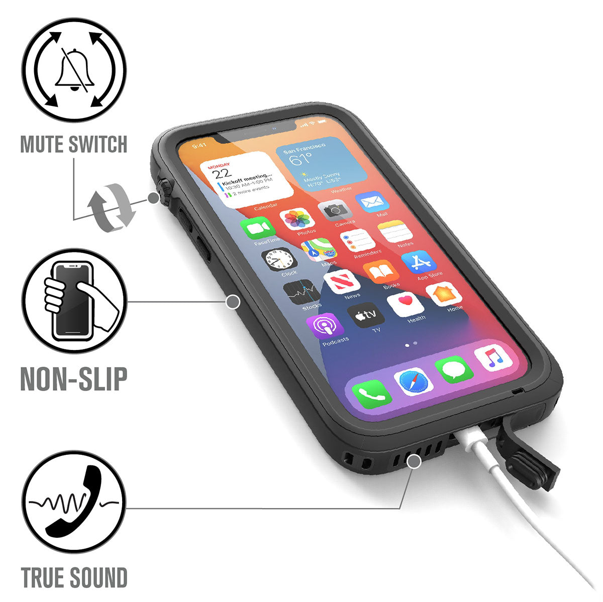 Catalyst iPhone 12 waterproof case total protection showing features of the case Text reads mute switch non-slip true sound.