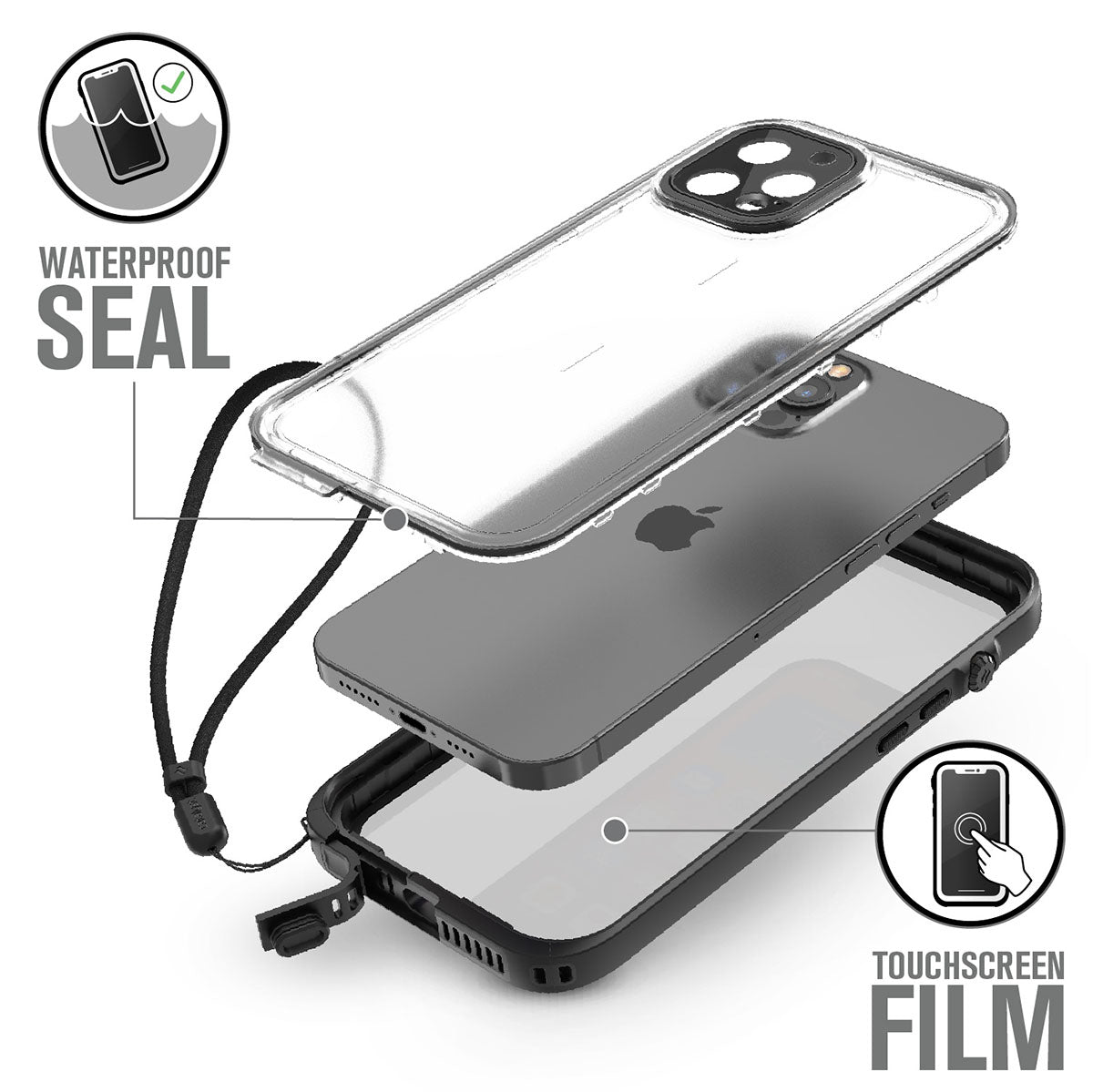 Catalyst iPhone 12 waterproof case total protectionshowing parts of the case Text reads waterproof seal touchscreen film