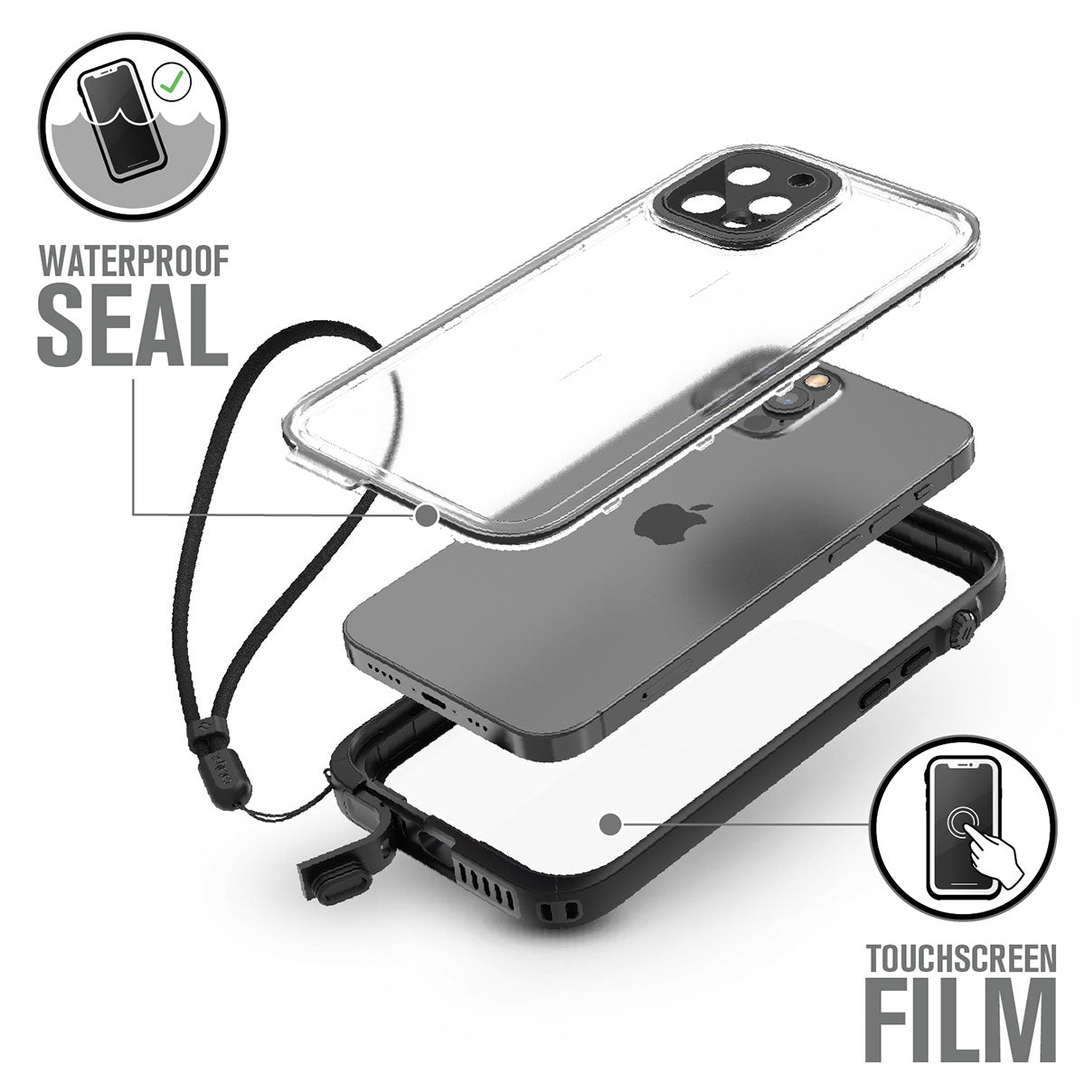 Catalyst iPhone 12 waterproof case total protectionshowing parts of the case Text reads waterproof seal touchscreen film