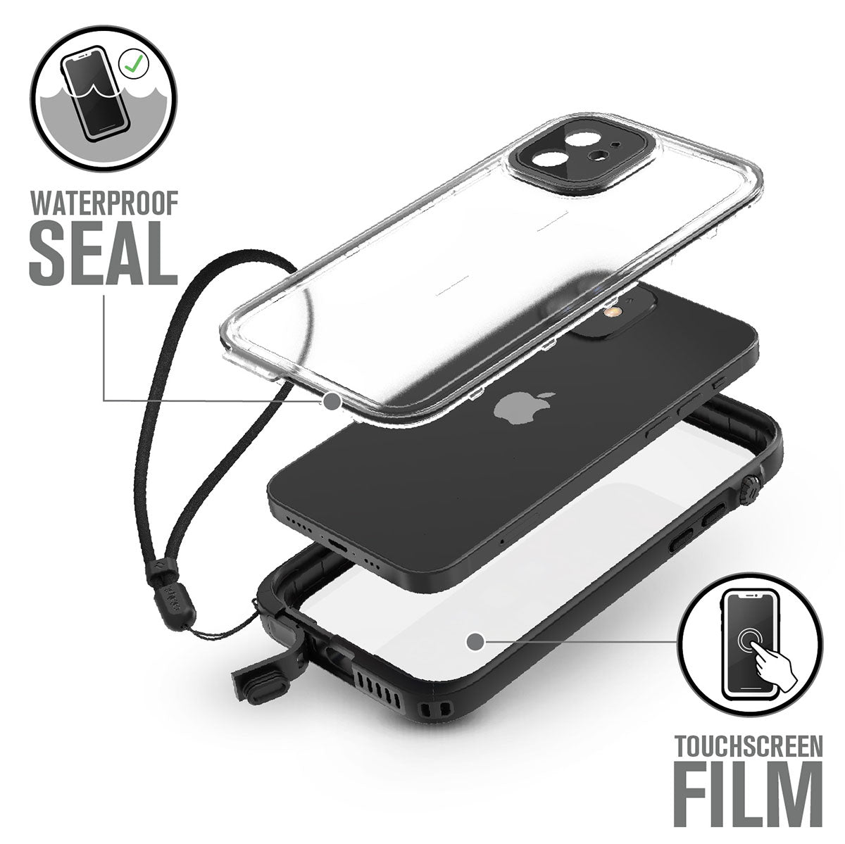 Catalyst iPhone 12 waterproof case total protectionshowing parts of the case Text reads waterproof seal touchscreen film 