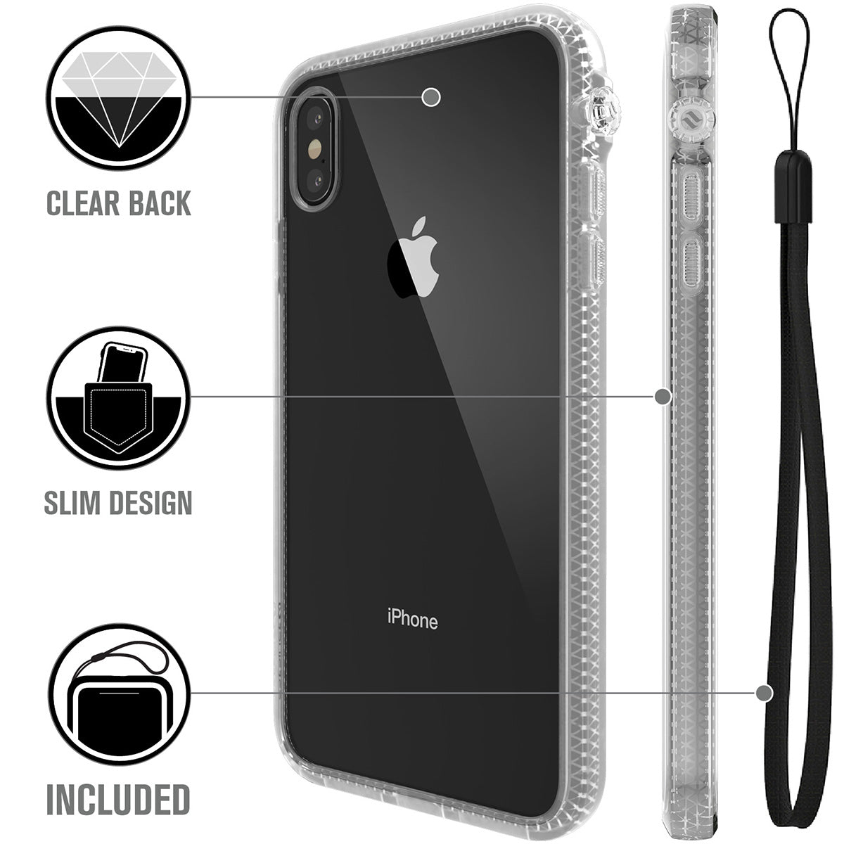Catalyst Impact Protection Case for iPhone X/XR/Xs/Xs Max showing the back and side of the case with lanyard text reads clear back slim design lanyard included