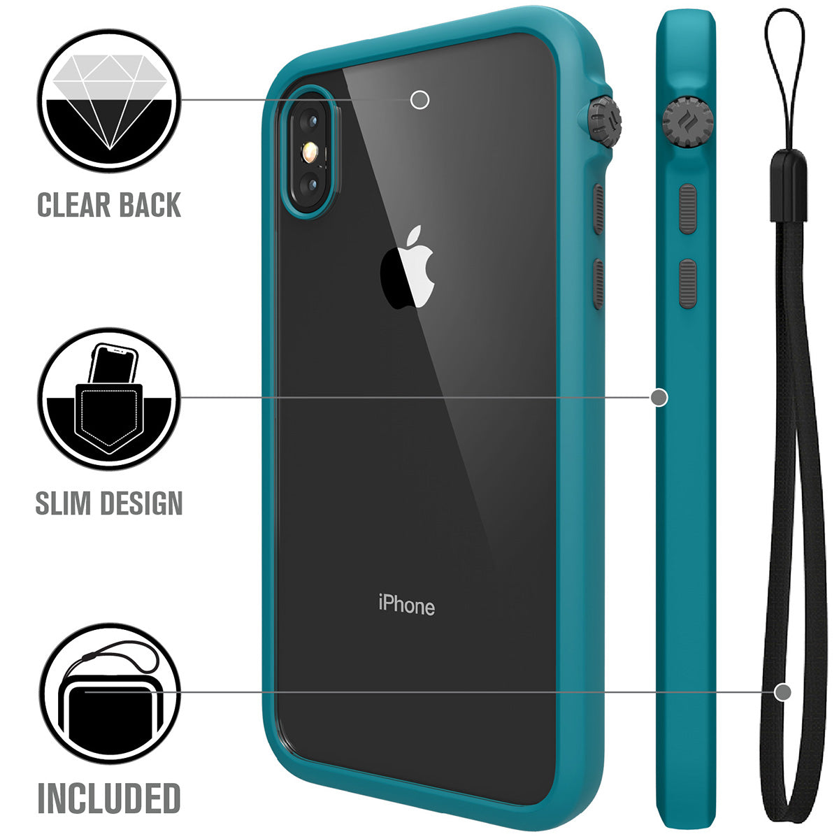 Catalyst Impact Protection Case for iPhone X/XR/Xs/Xs Max showing the back and side of the case with lanyard text reads clear back slim design lanyard included