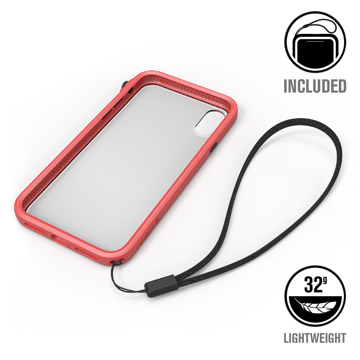 Catalyst Impact Protection Case for iPhone X/XR/Xs/Xs Max showing the catalyst case with lanyard attached text reads included 32g lightweight