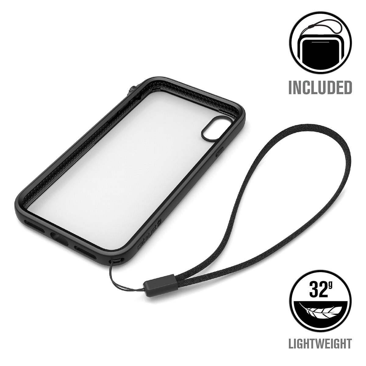 Catalyst Impact Protection Case for iPhone X/XR/Xs/Xs Max showing the catalyst case with lanyard attached text reads included 32g lightweight