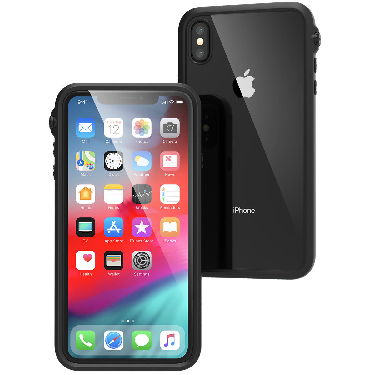 Catalyst Impact Protection Case for iPhone X/XR/Xs/Xs Max showing the front and back of the iphone with the catalyst case installed