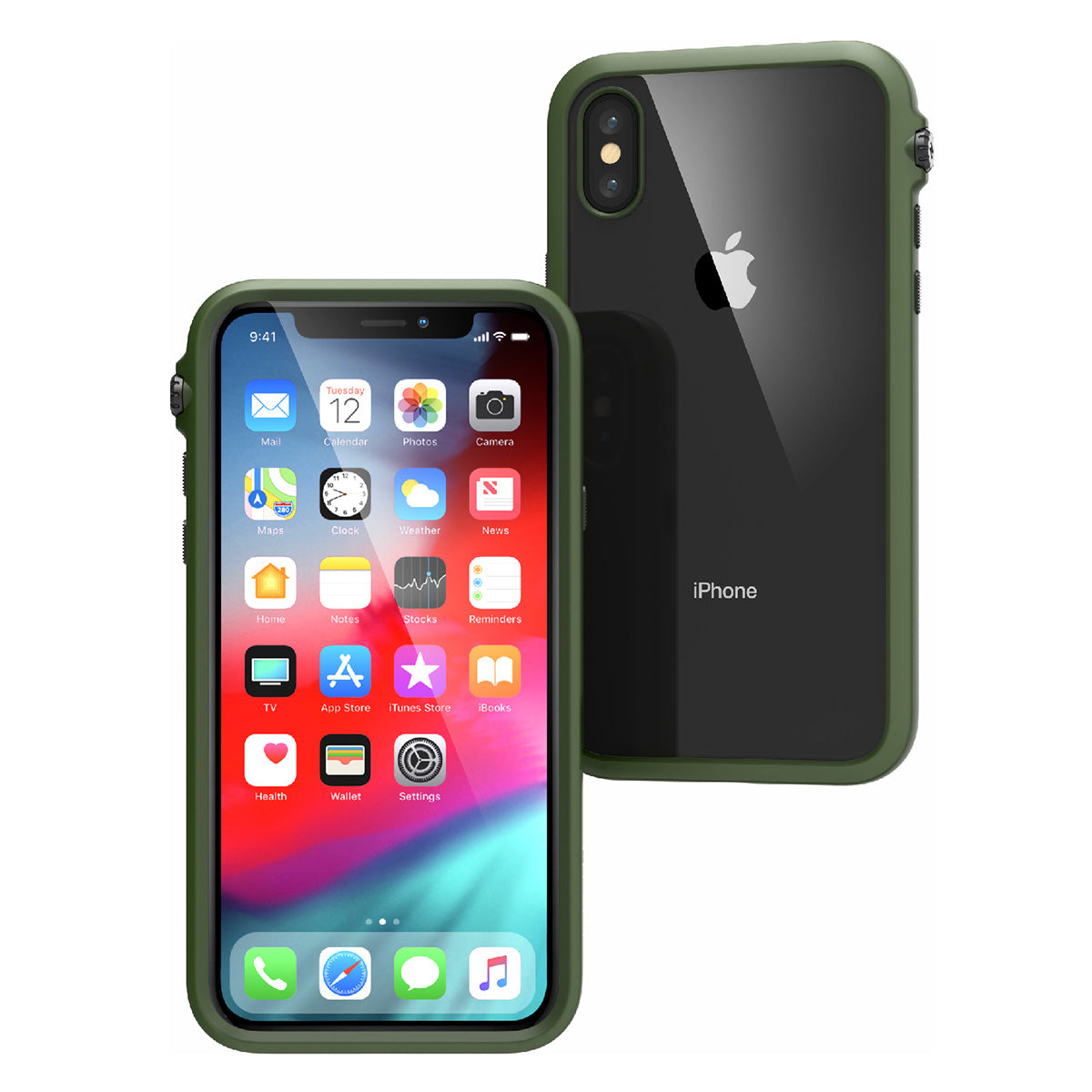 Catalyst Impact Protection Case for iPhone X/XR/Xs/Xs Max showing the front and back of the iphone with the catalyst case installed