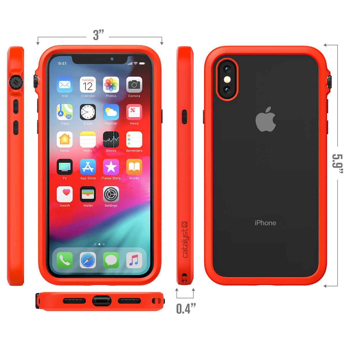 Catalyst Impact Protection Case for iPhone X/XR/Xs/Xs Max showing the front back bottom and side of the case